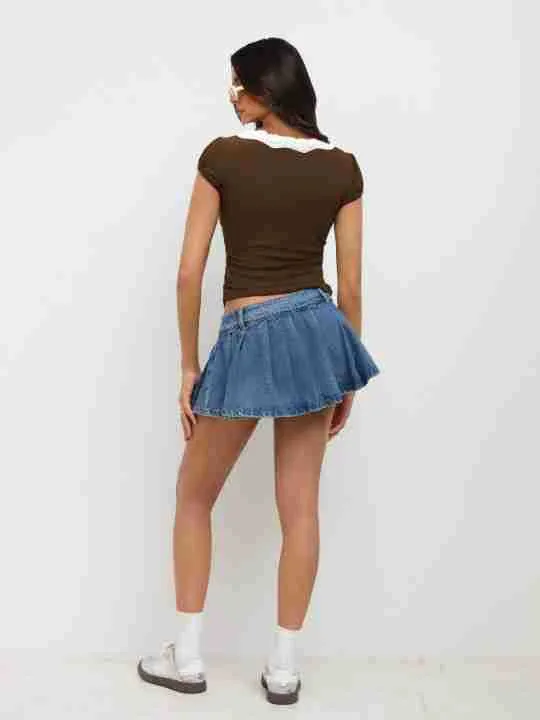 Summer  New Fashion Lace Stitching Color Contrast Shoulder Short-sleeved T-shirt Slim-fit V-neck Short Top display picture 31
