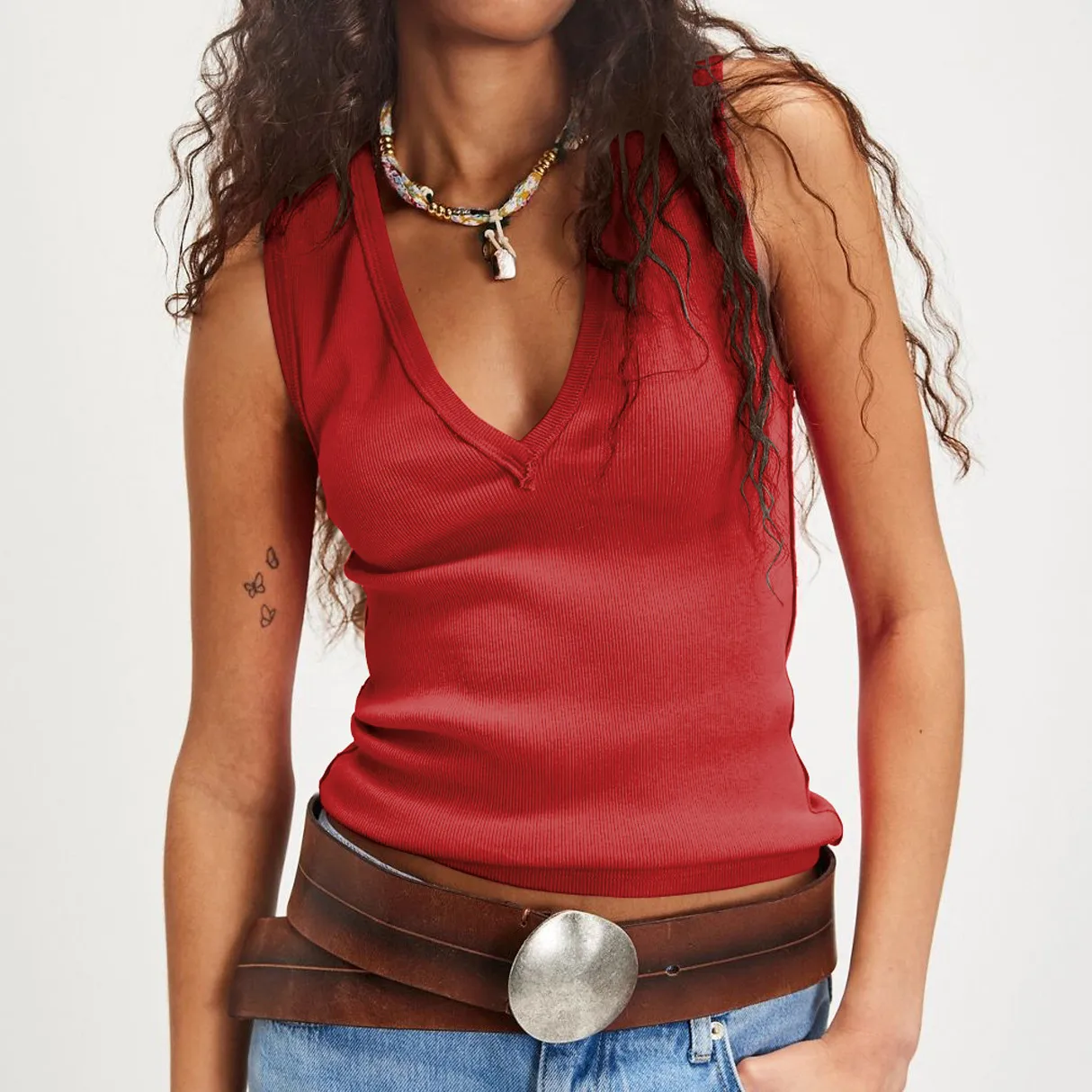 Foreign Trade  New  Fashion V-neck Solid Color Sleeveless Rib All-match High-end Vest Top For Women display picture 6