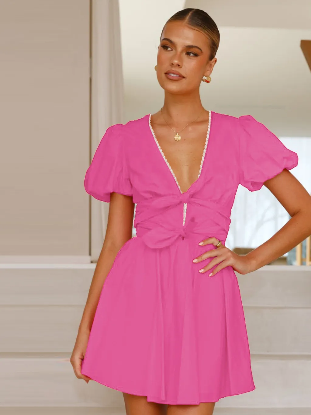 Spring And Summer New Fashion   Women's Sweet Lace Decorative Puff Sleeve Deep V-neck Lace-up Dress display picture 11