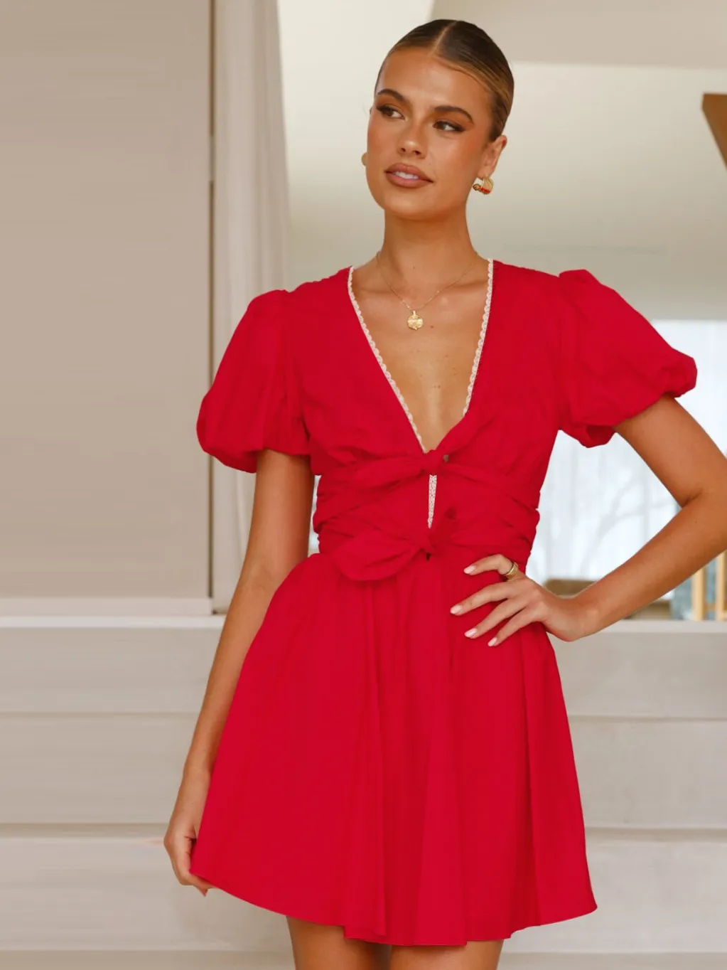 Spring And Summer New Fashion   Women's Sweet Lace Decorative Puff Sleeve Deep V-neck Lace-up Dress display picture 18