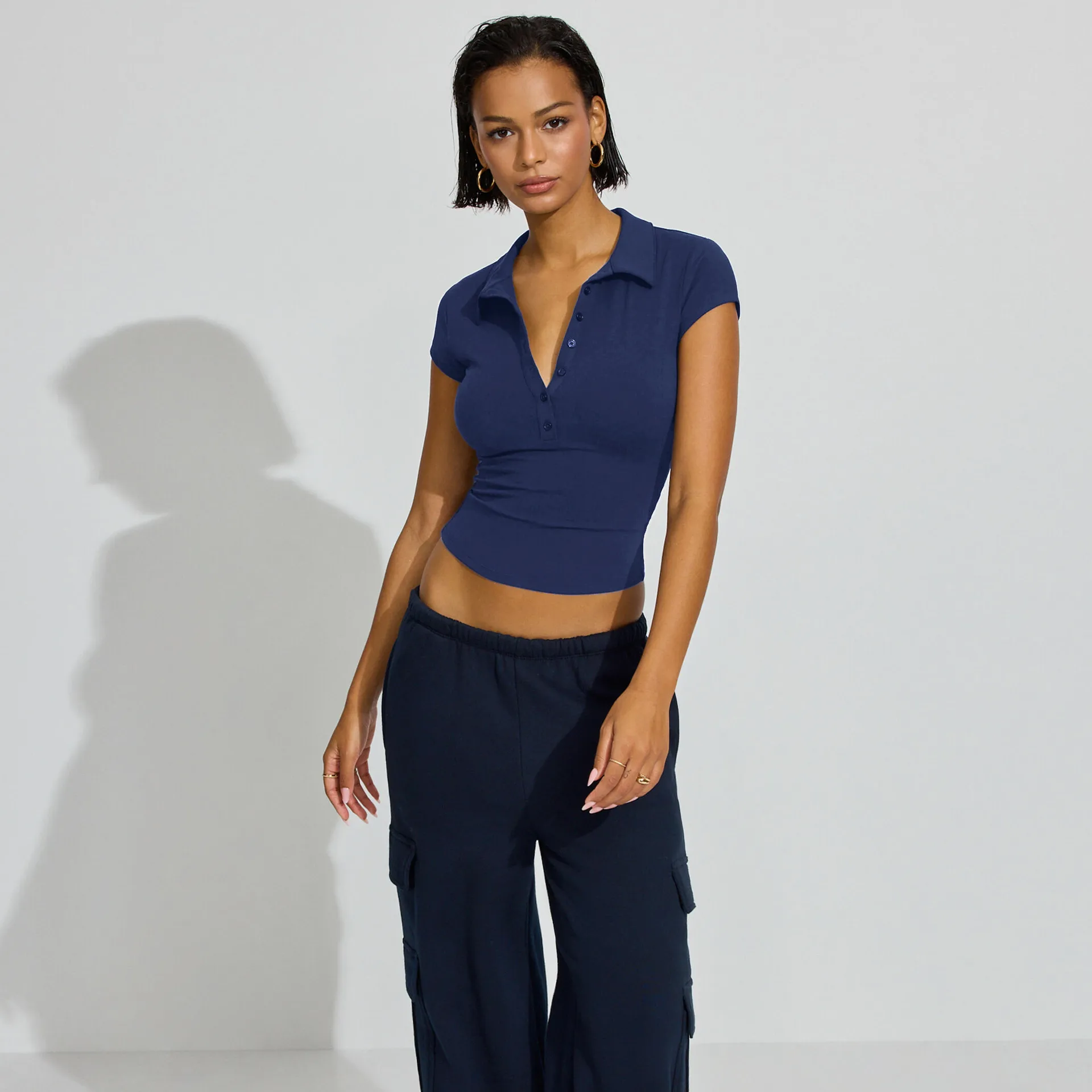 Fashion Women's  Spring And Summer New Polo Collar Button Tight-fit Sports Slimming Short-sleeved Top display picture 18