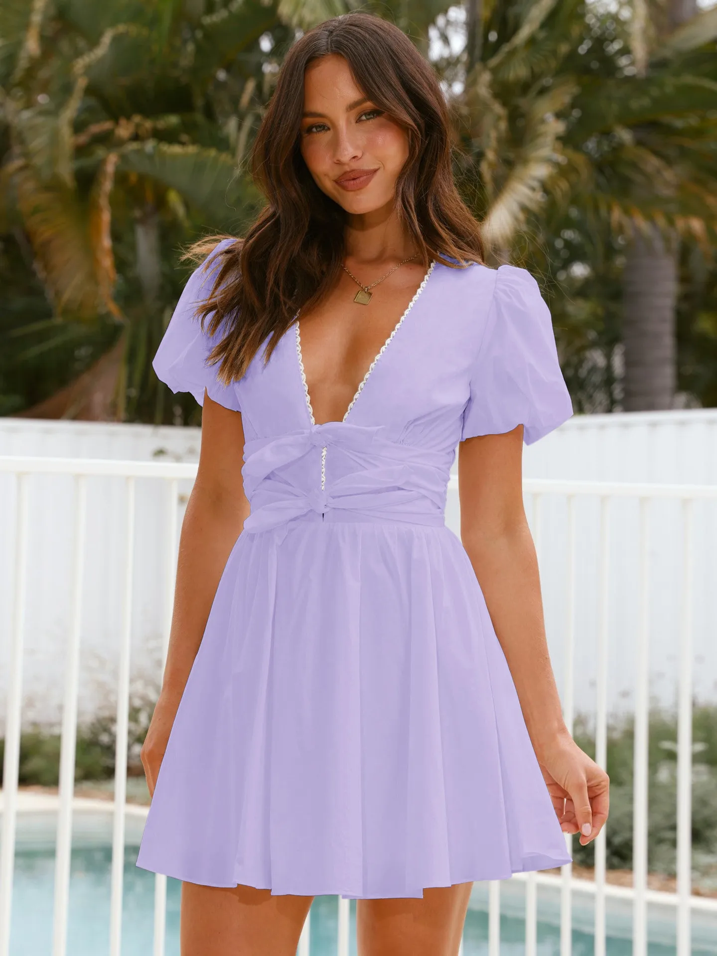 Spring And Summer New Fashion   Women's Sweet Lace Decorative Puff Sleeve Deep V-neck Lace-up Dress display picture 25
