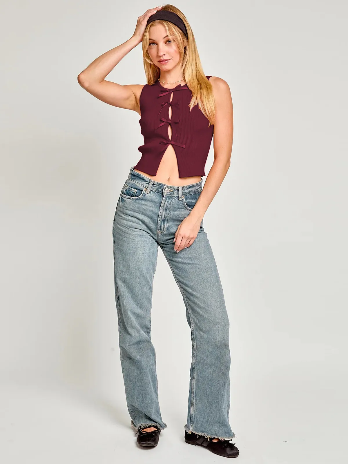 Designed Foreign Trade  Spring And Summer New Hot Bow Decoration Hollow Solid Color Round Neck Slim Vest Top display picture 32