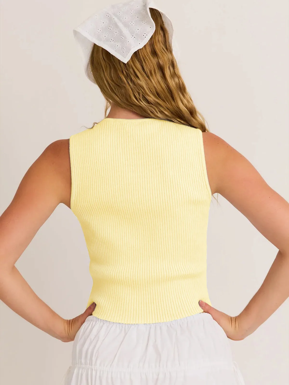 Designed Foreign Trade  Spring And Summer New Hot Bow Decoration Hollow Solid Color Round Neck Slim Vest Top display picture 37