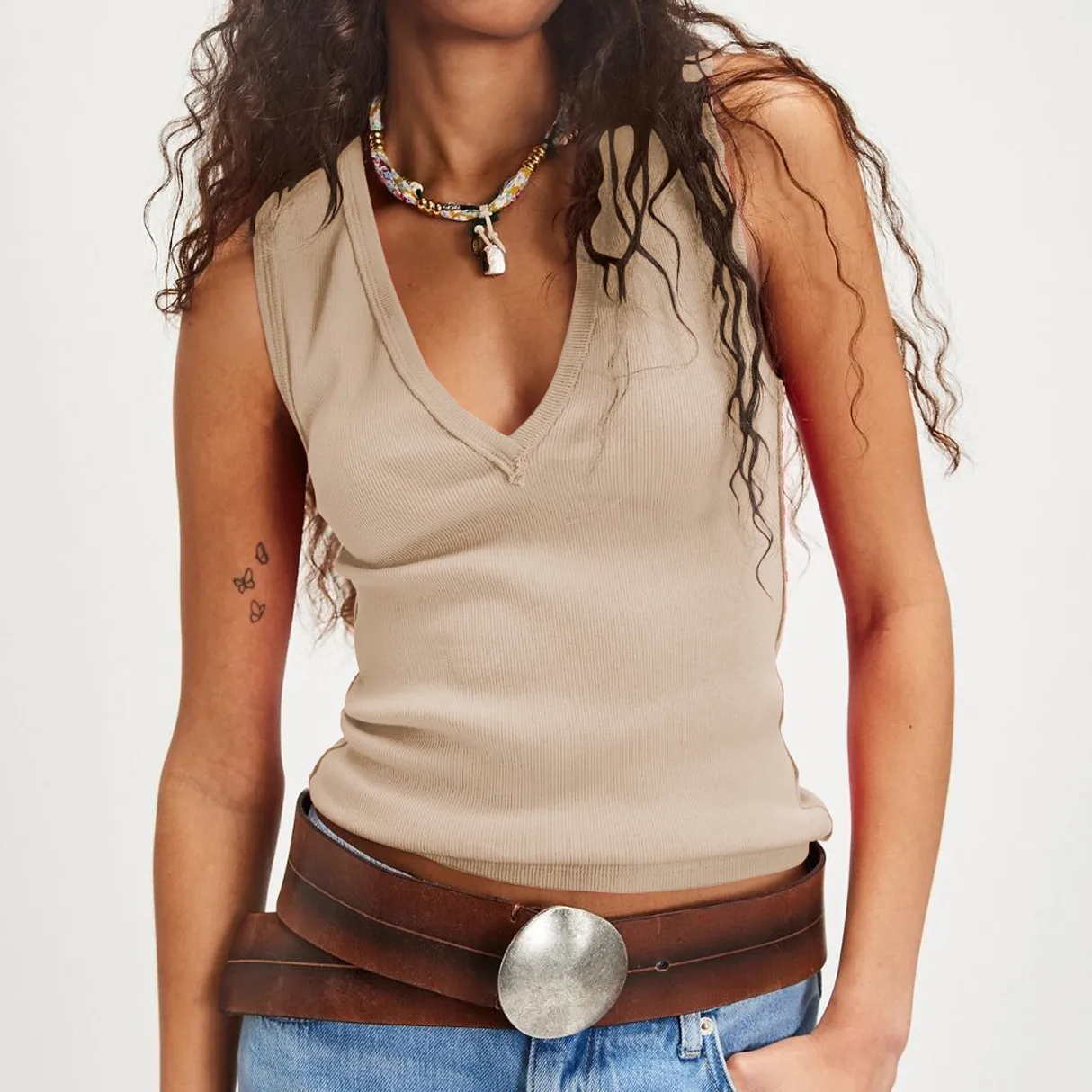 Foreign Trade  New  Fashion V-neck Solid Color Sleeveless Rib All-match High-end Vest Top For Women display picture 29