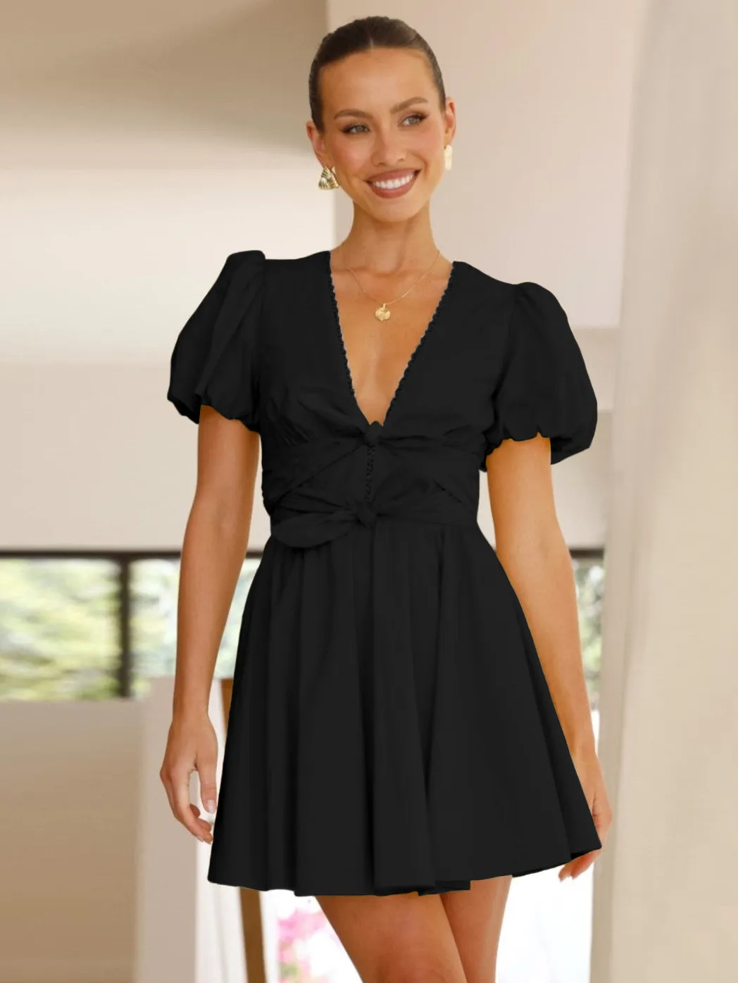 Spring And Summer New Fashion   Women's Sweet Lace Decorative Puff Sleeve Deep V-neck Lace-up Dress display picture 31