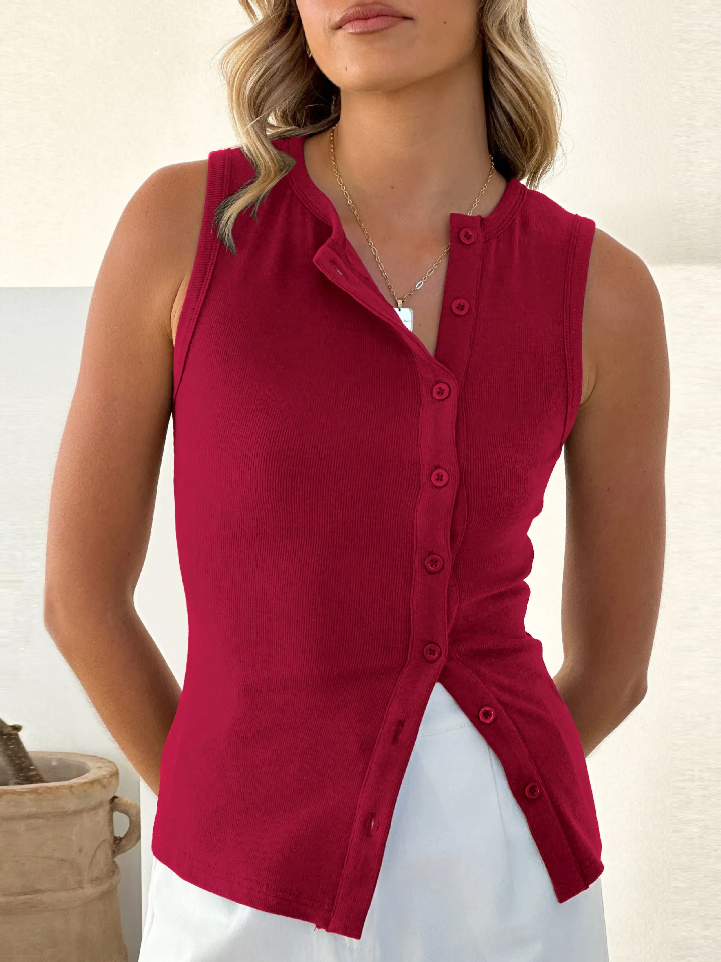 Women's Clothing  New Solid Color Sexy Sleeveless Button High-end Exquisite Commuter Top Vest For Women display picture 31