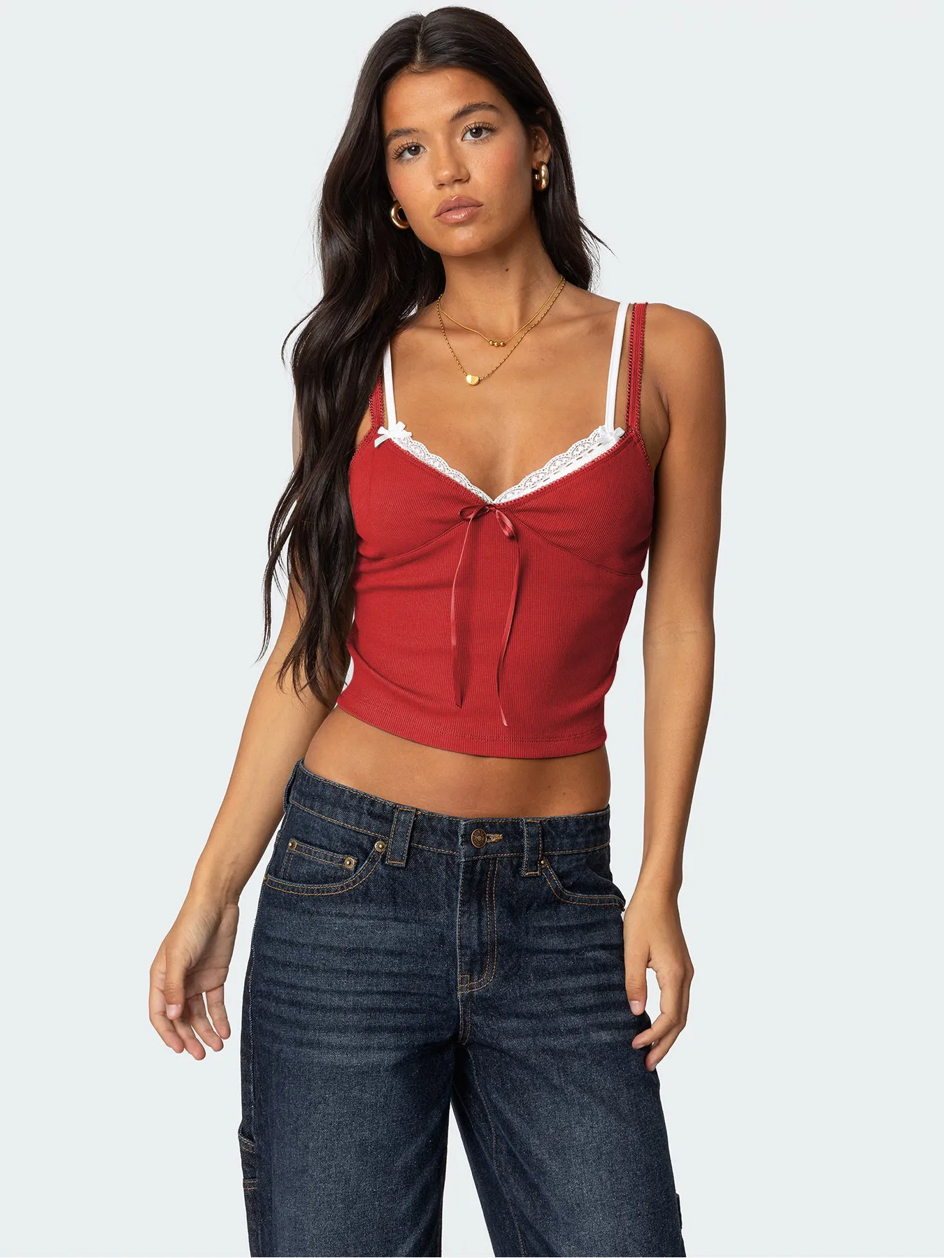 Sweet And Spicy Girl Lace Stitching Low-cut Contrast Color Double Shoulder Strap Fake Two-piece Bow Decorative Spice Sling display picture 2