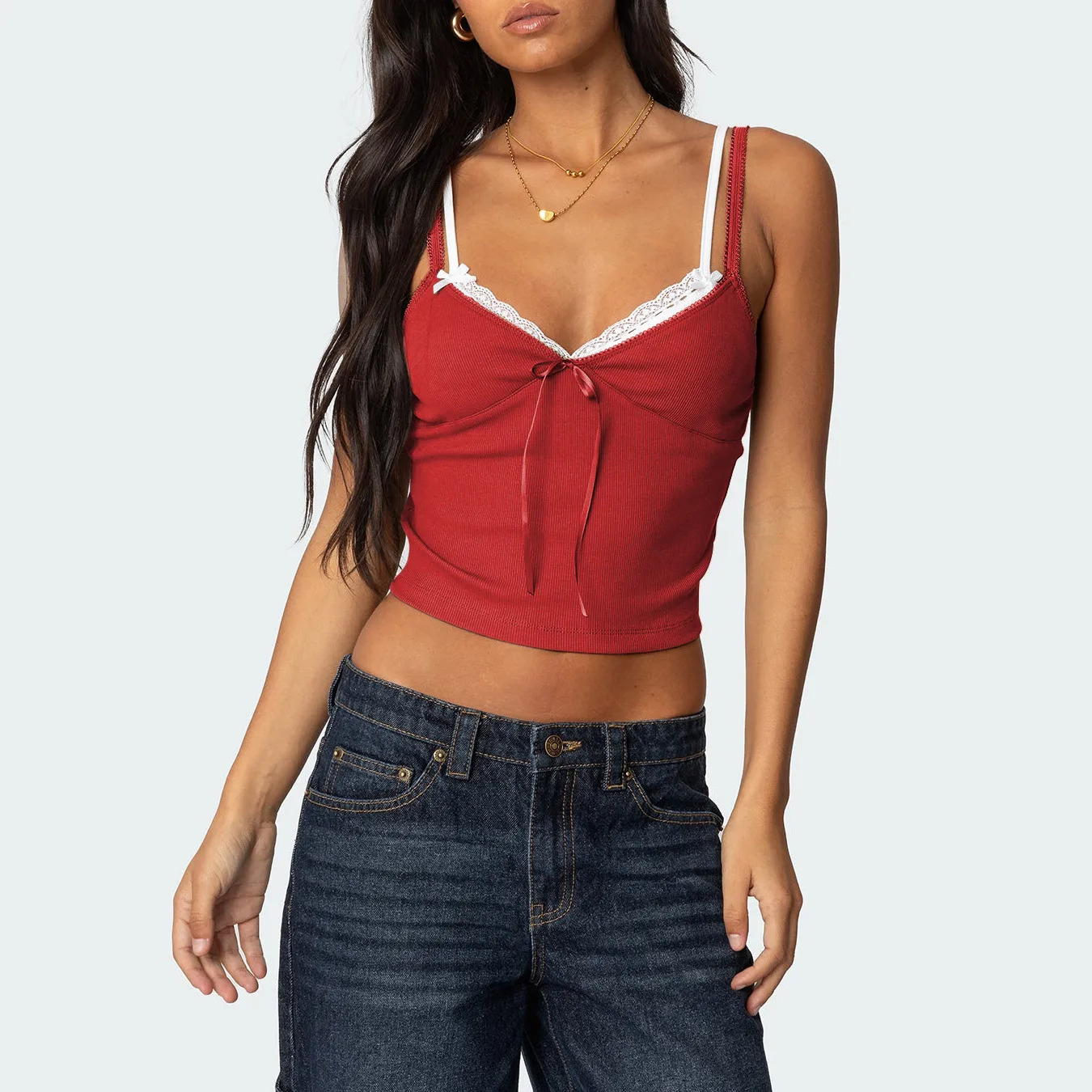 Sweet And Spicy Girl Lace Stitching Low-cut Contrast Color Double Shoulder Strap Fake Two-piece Bow Decorative Spice Sling display picture 7