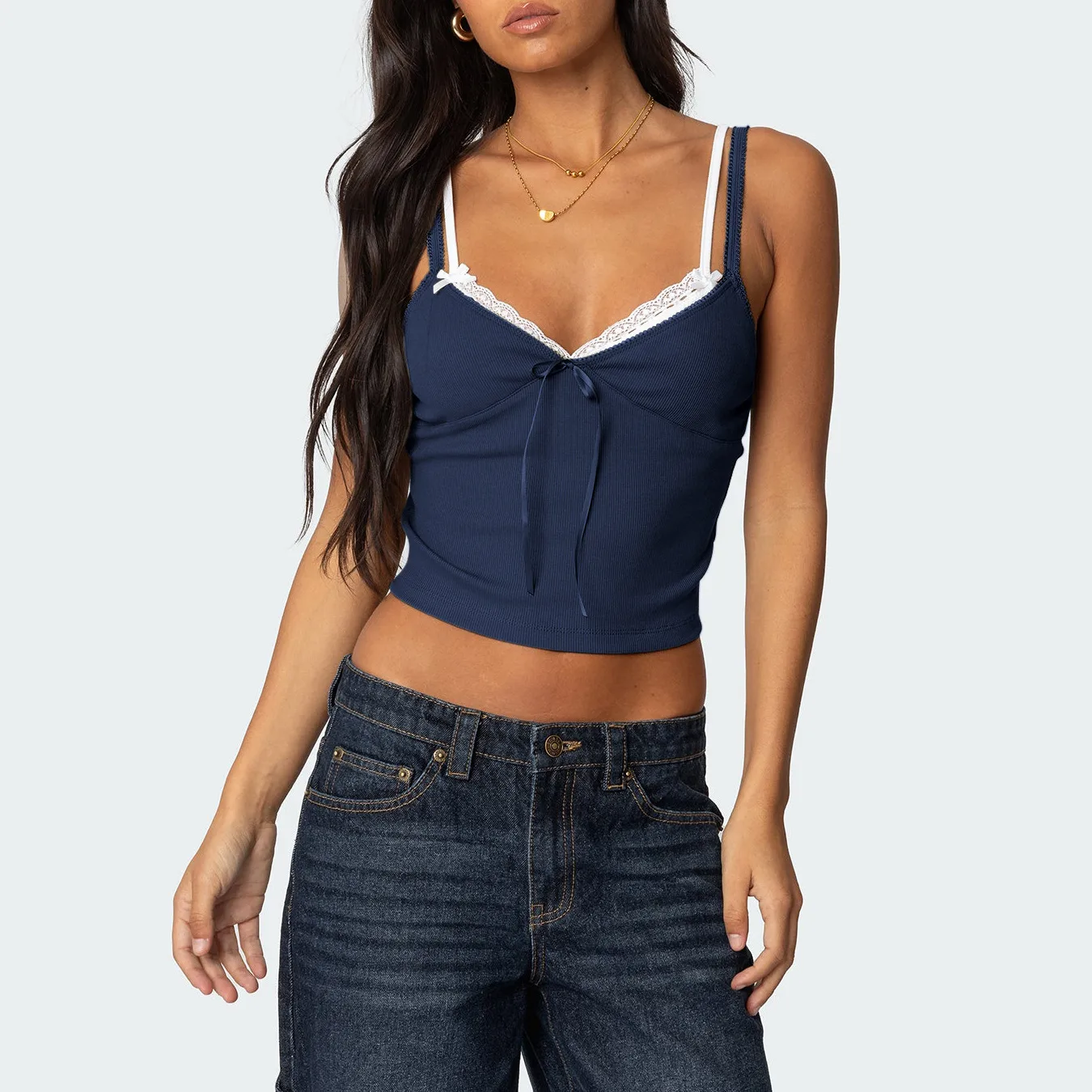Sweet And Spicy Girl Lace Stitching Low-cut Contrast Color Double Shoulder Strap Fake Two-piece Bow Decorative Spice Sling display picture 19