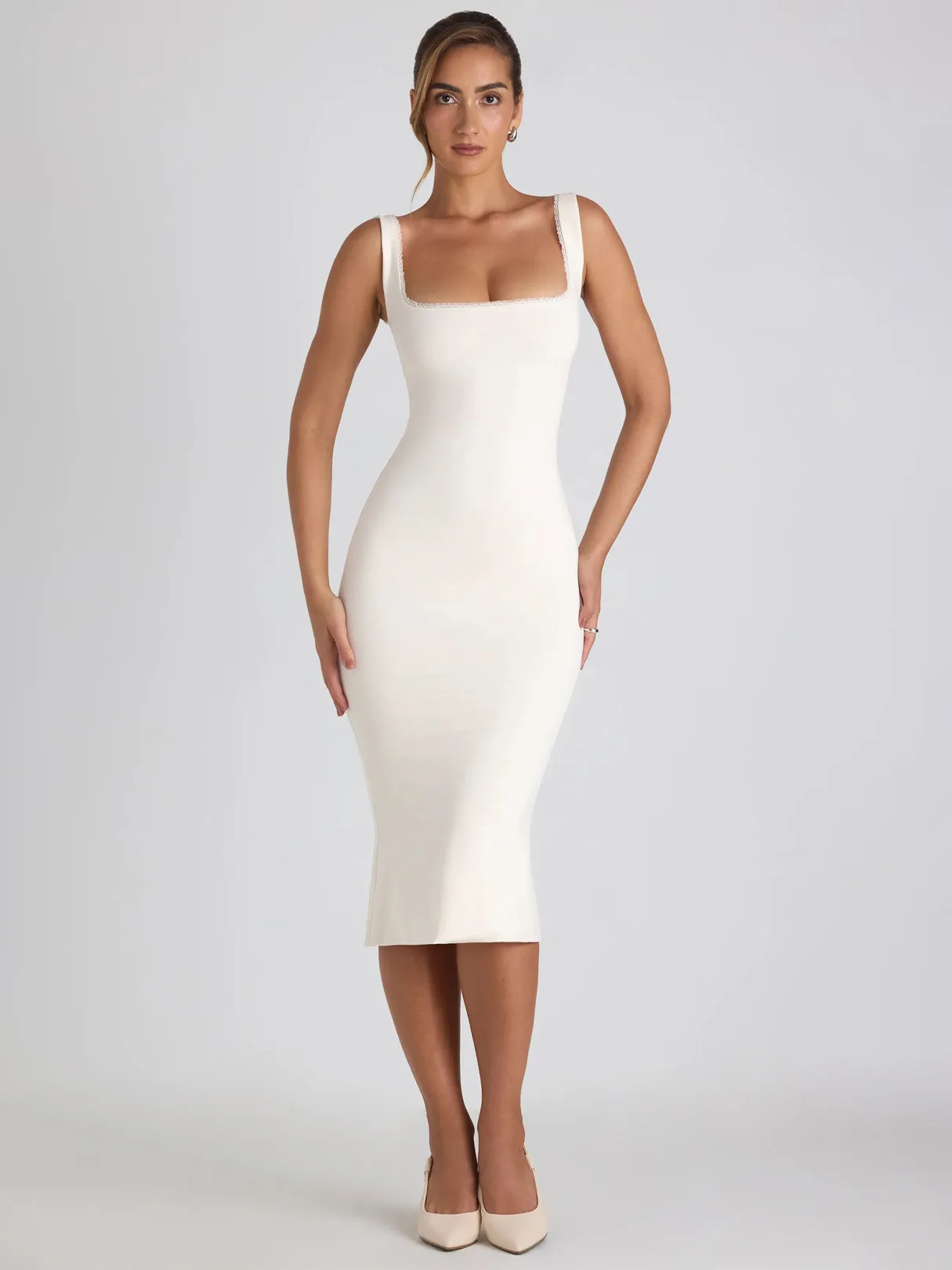 New Square Collar Backless Lace Sexy Hip Slim Sleeveless Dress Women display picture 7