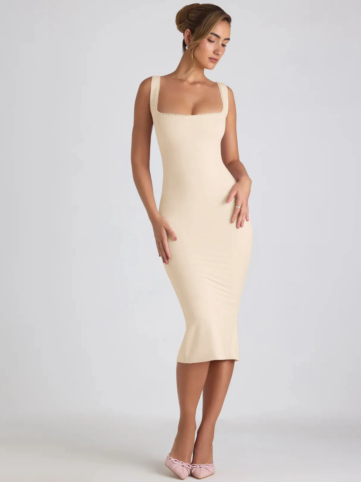 New Square Collar Backless Lace Sexy Hip Slim Sleeveless Dress Women display picture 13