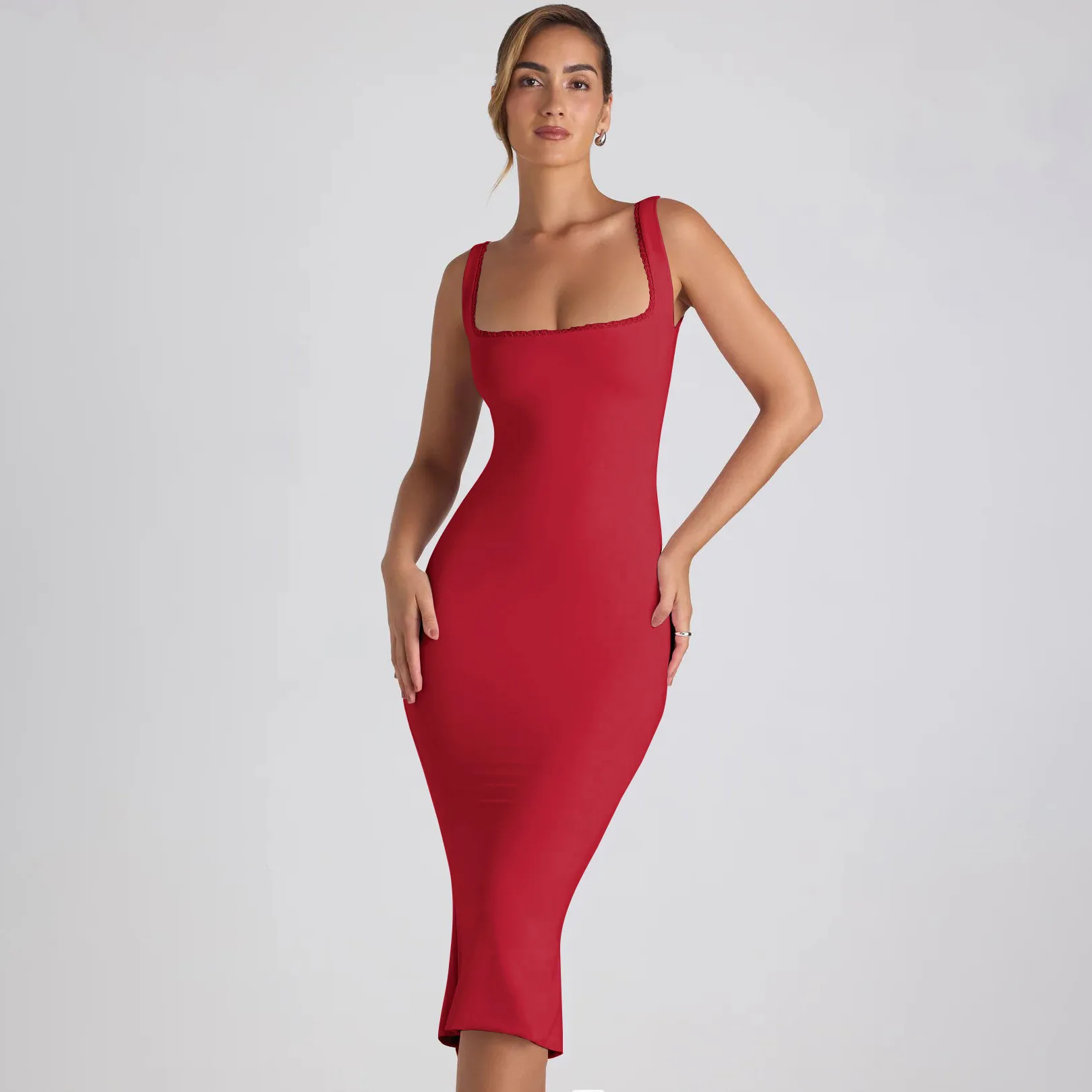 New Square Collar Backless Lace Sexy Hip Slim Sleeveless Dress Women display picture 29