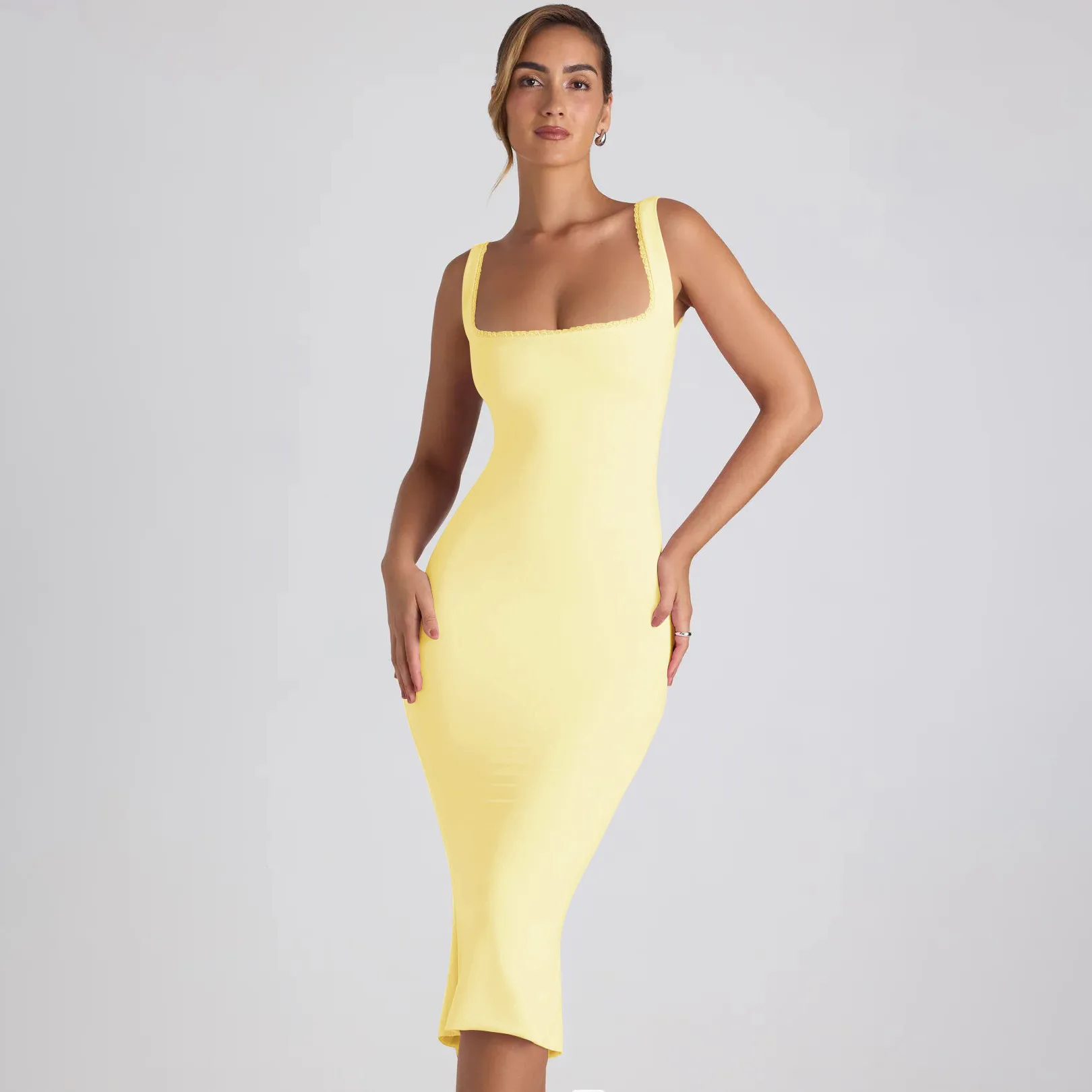 New Square Collar Backless Lace Sexy Hip Slim Sleeveless Dress Women display picture 43