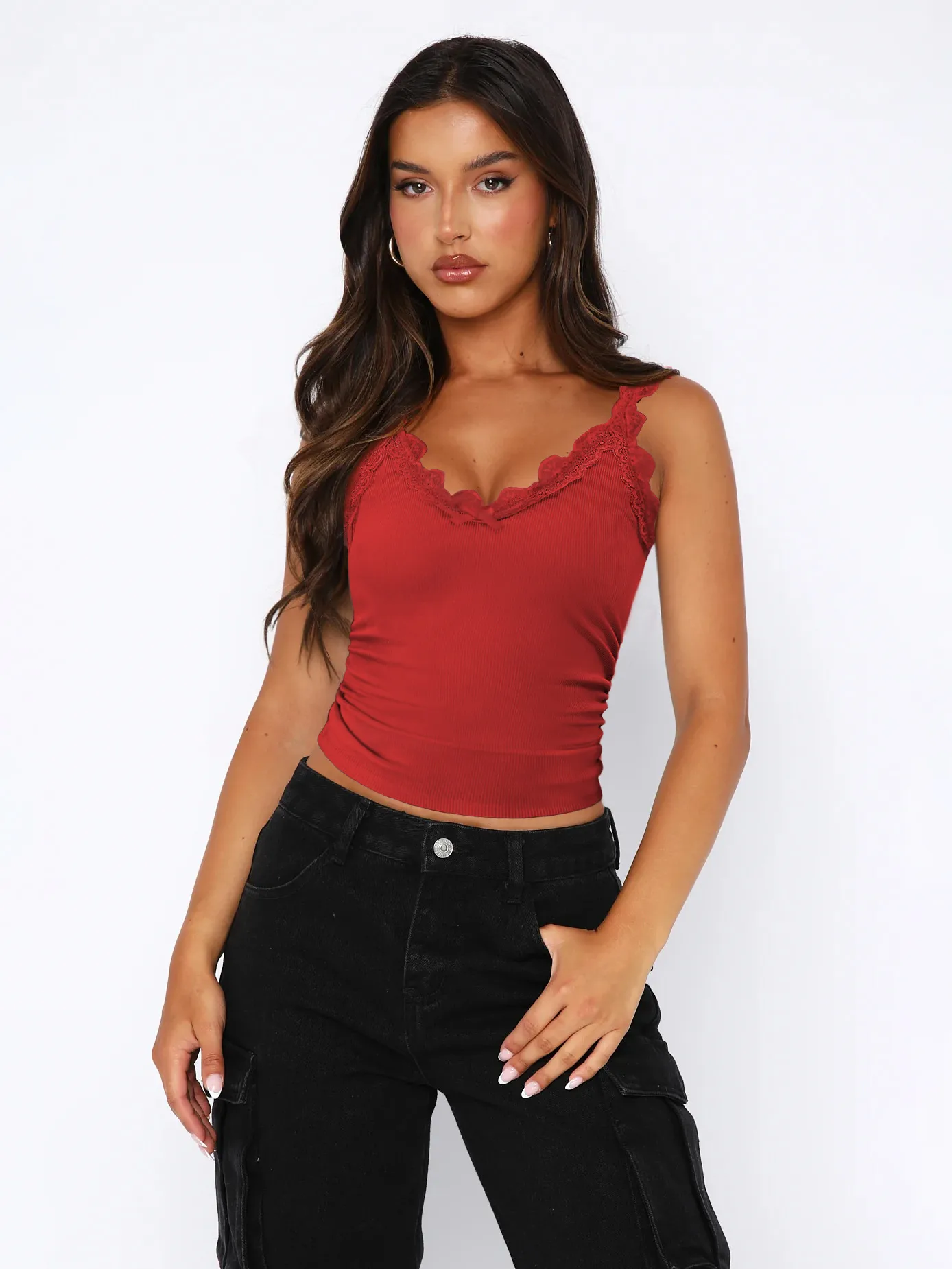 Fashion New Sexy Lace Stitching V-neck Strap Solid Color All-match Vest Spring And Summer display picture 3