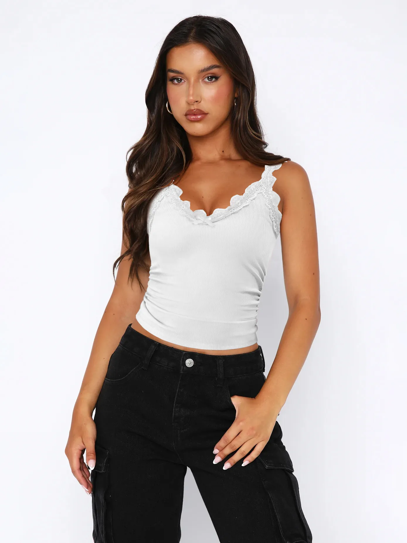 Fashion New Sexy Lace Stitching V-neck Strap Solid Color All-match Vest Spring And Summer display picture 8