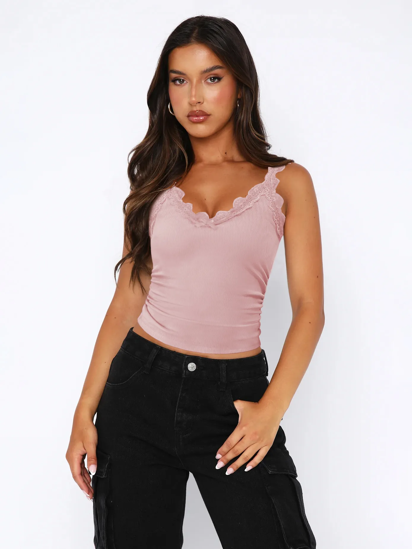 Fashion New Sexy Lace Stitching V-neck Strap Solid Color All-match Vest Spring And Summer display picture 13