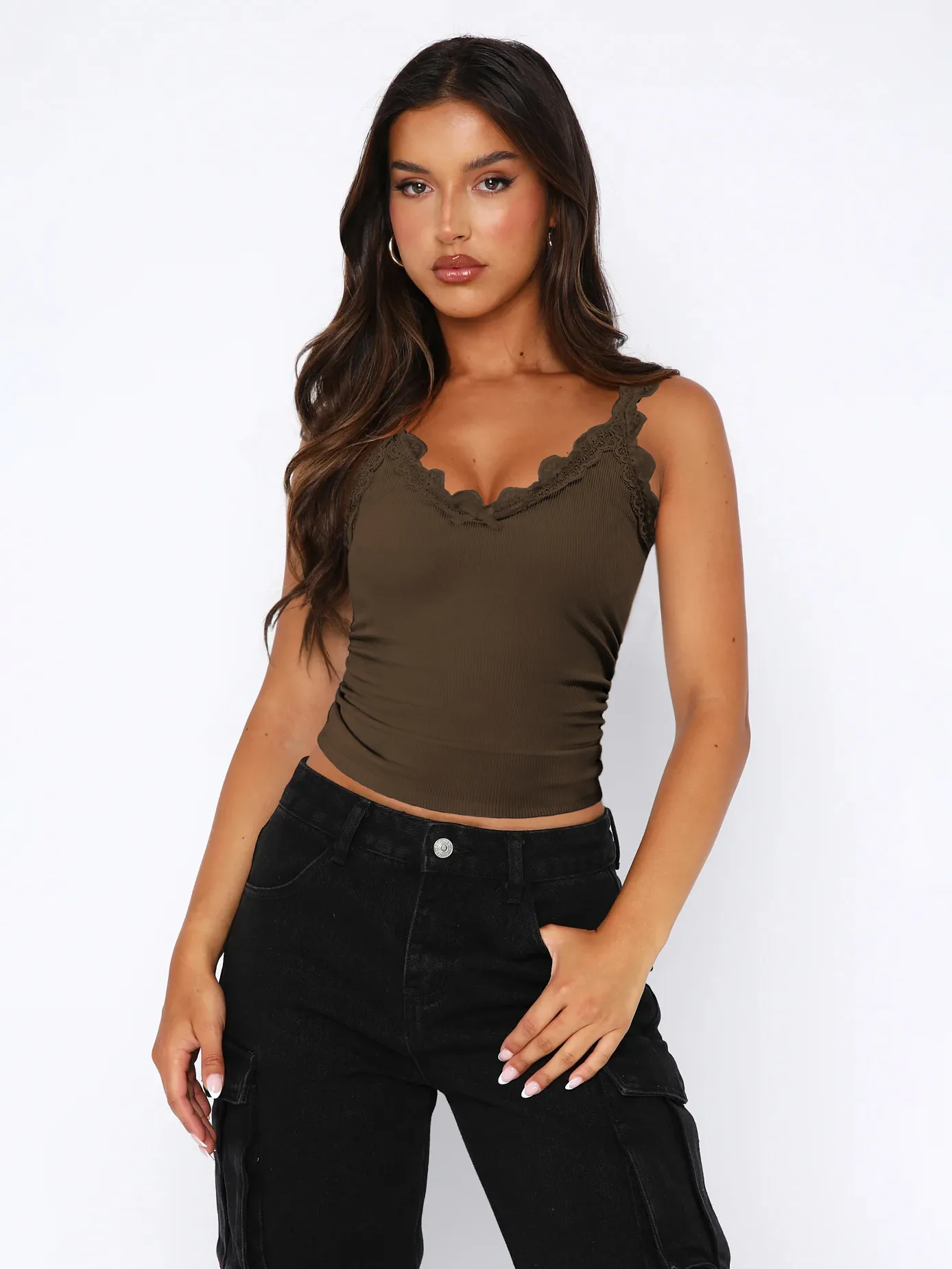 Fashion New Sexy Lace Stitching V-neck Strap Solid Color All-match Vest Spring And Summer display picture 18