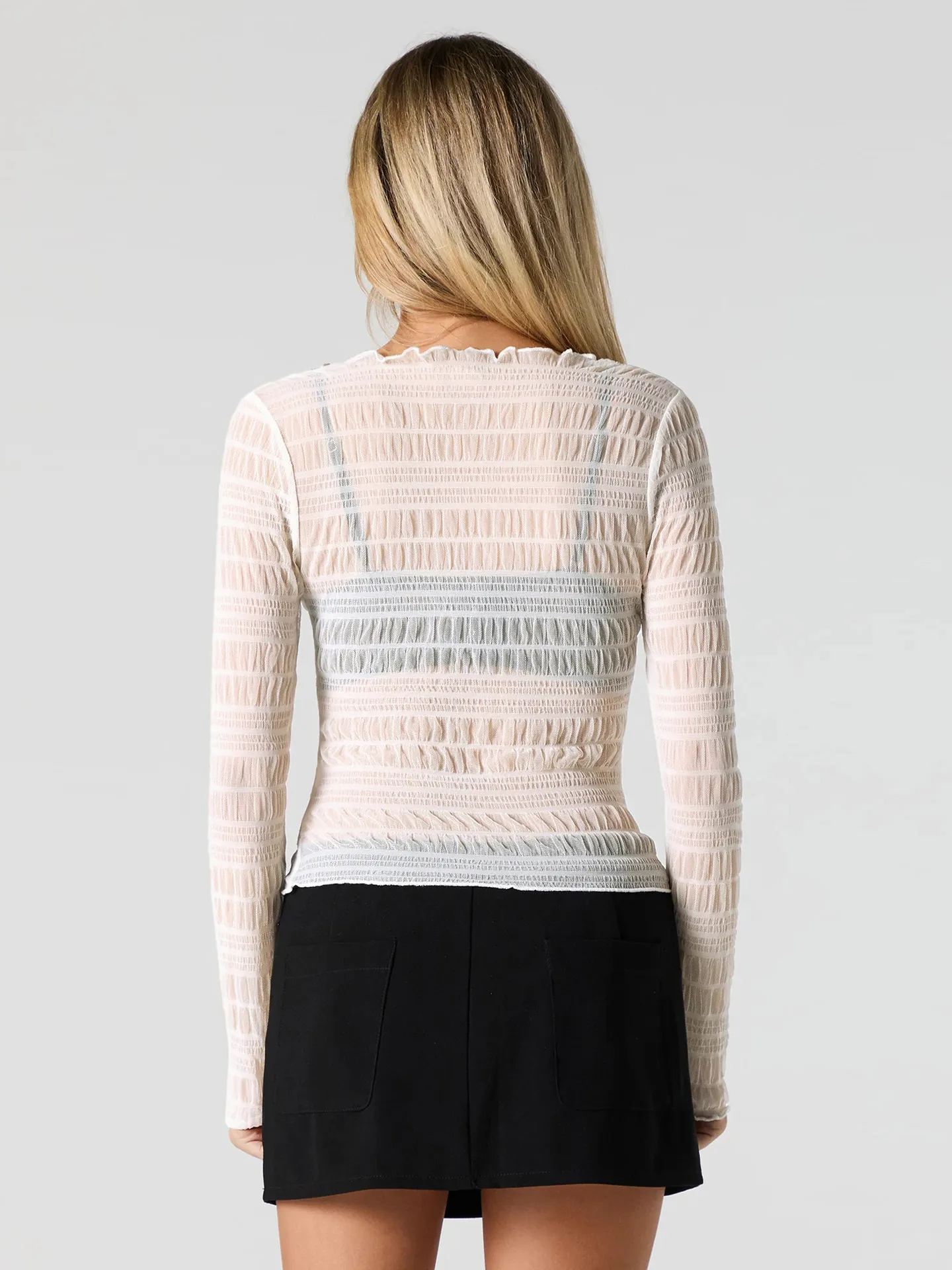 Style   Spring And Summer New Hot Sale Half High Collar Lace Hem Lace Half Perspective Long Sleeve Top display picture 7