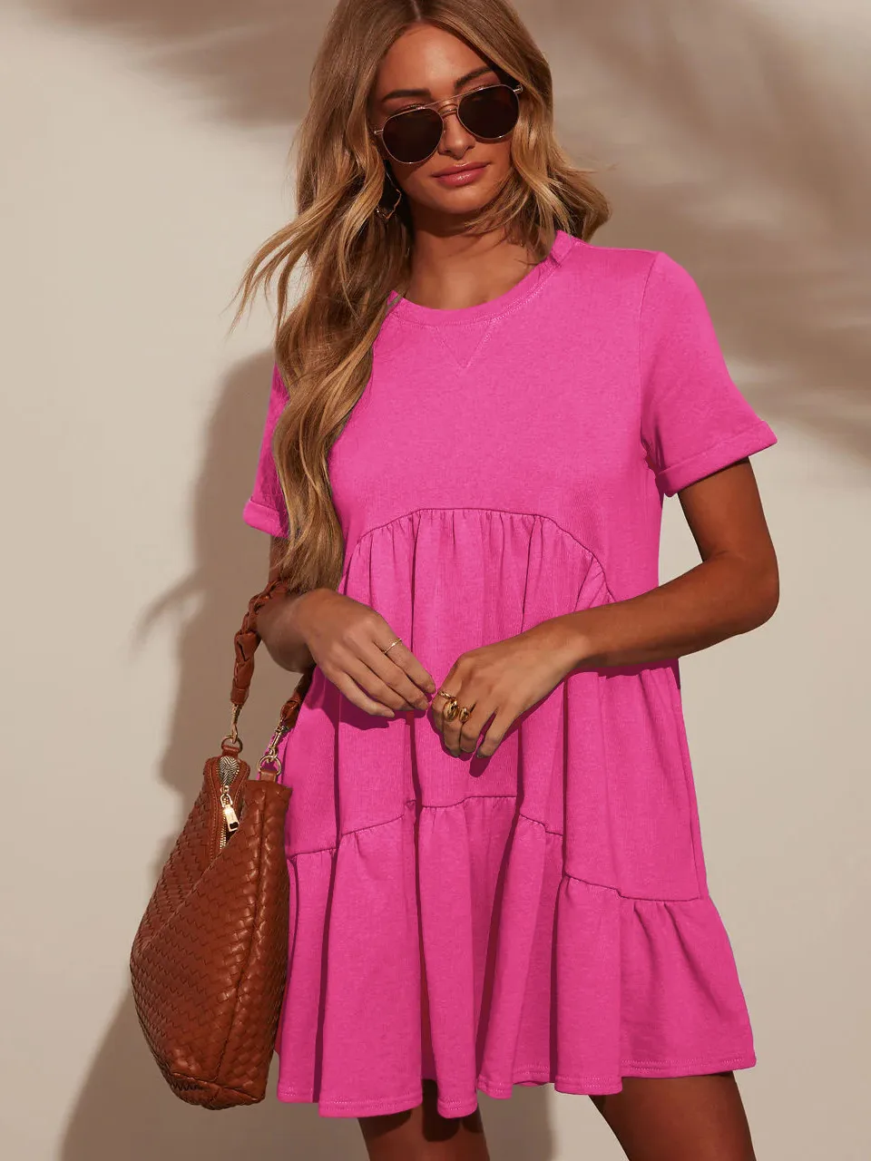Explosions Summer Casual Pocket Short Round Neck Short Sleeve Pleated Loose Women's Dress display picture 2