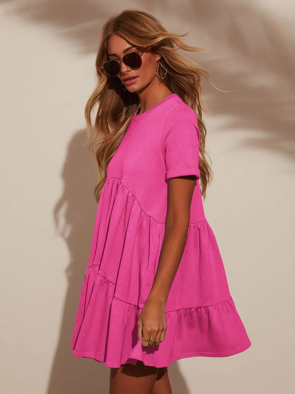 Explosions Summer Casual Pocket Short Round Neck Short Sleeve Pleated Loose Women's Dress display picture 3
