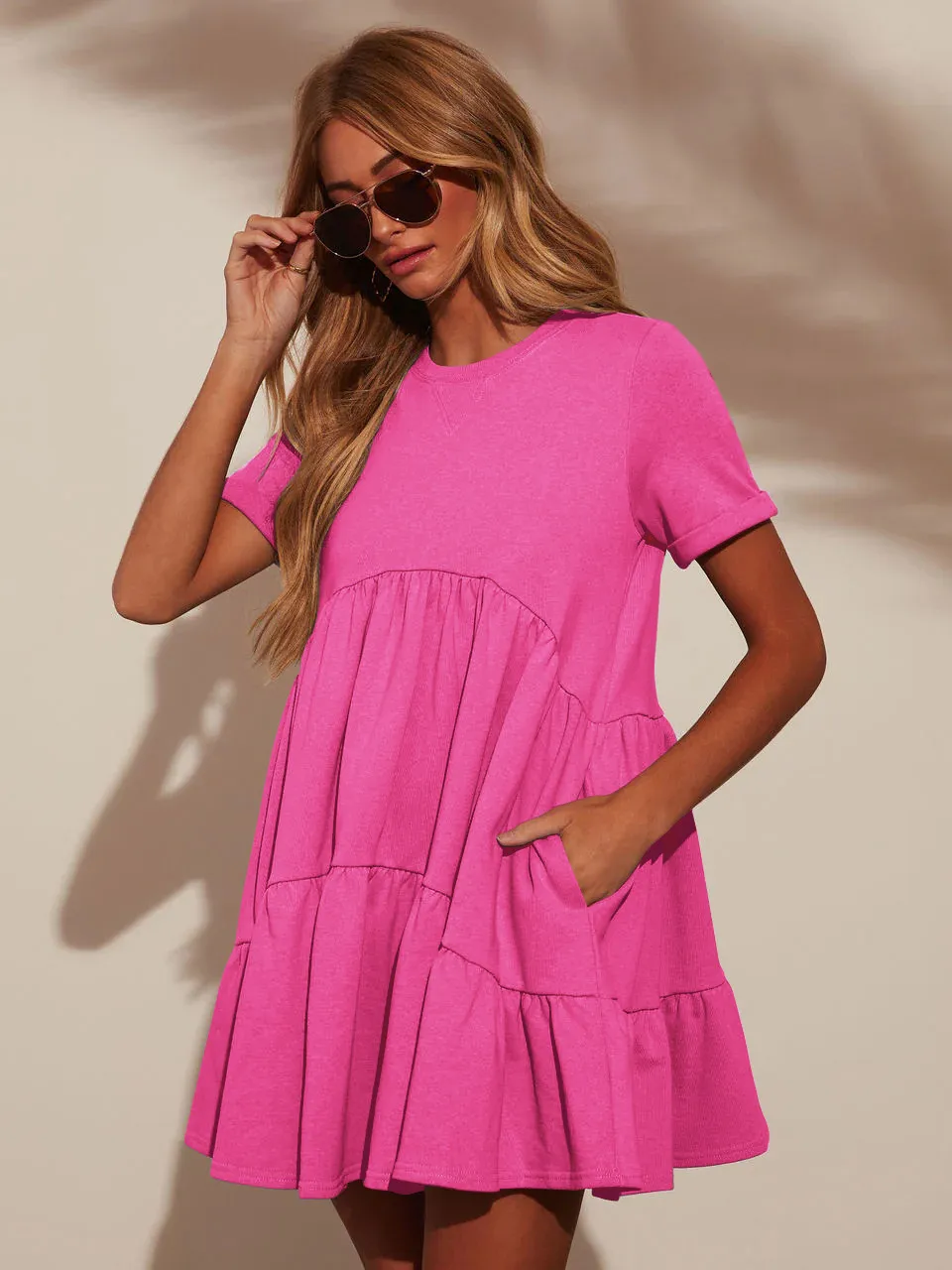 Explosions Summer Casual Pocket Short Round Neck Short Sleeve Pleated Loose Women's Dress display picture 4
