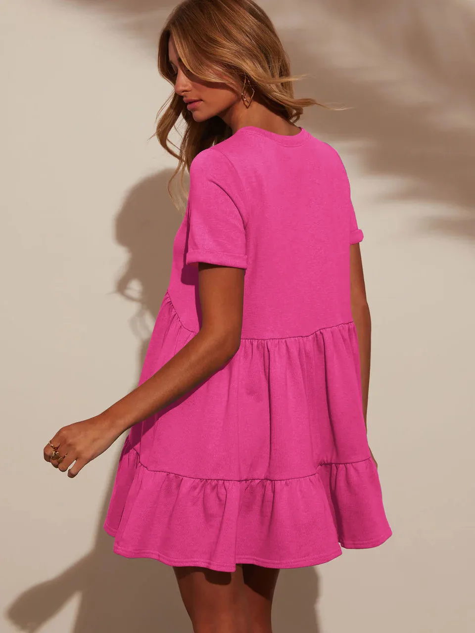 Explosions Summer Casual Pocket Short Round Neck Short Sleeve Pleated Loose Women's Dress display picture 6