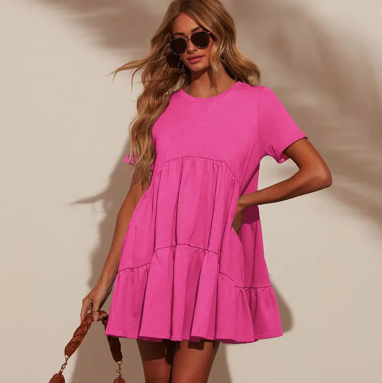 Explosions Summer Casual Pocket Short Round Neck Short Sleeve Pleated Loose Women's Dress display picture 8