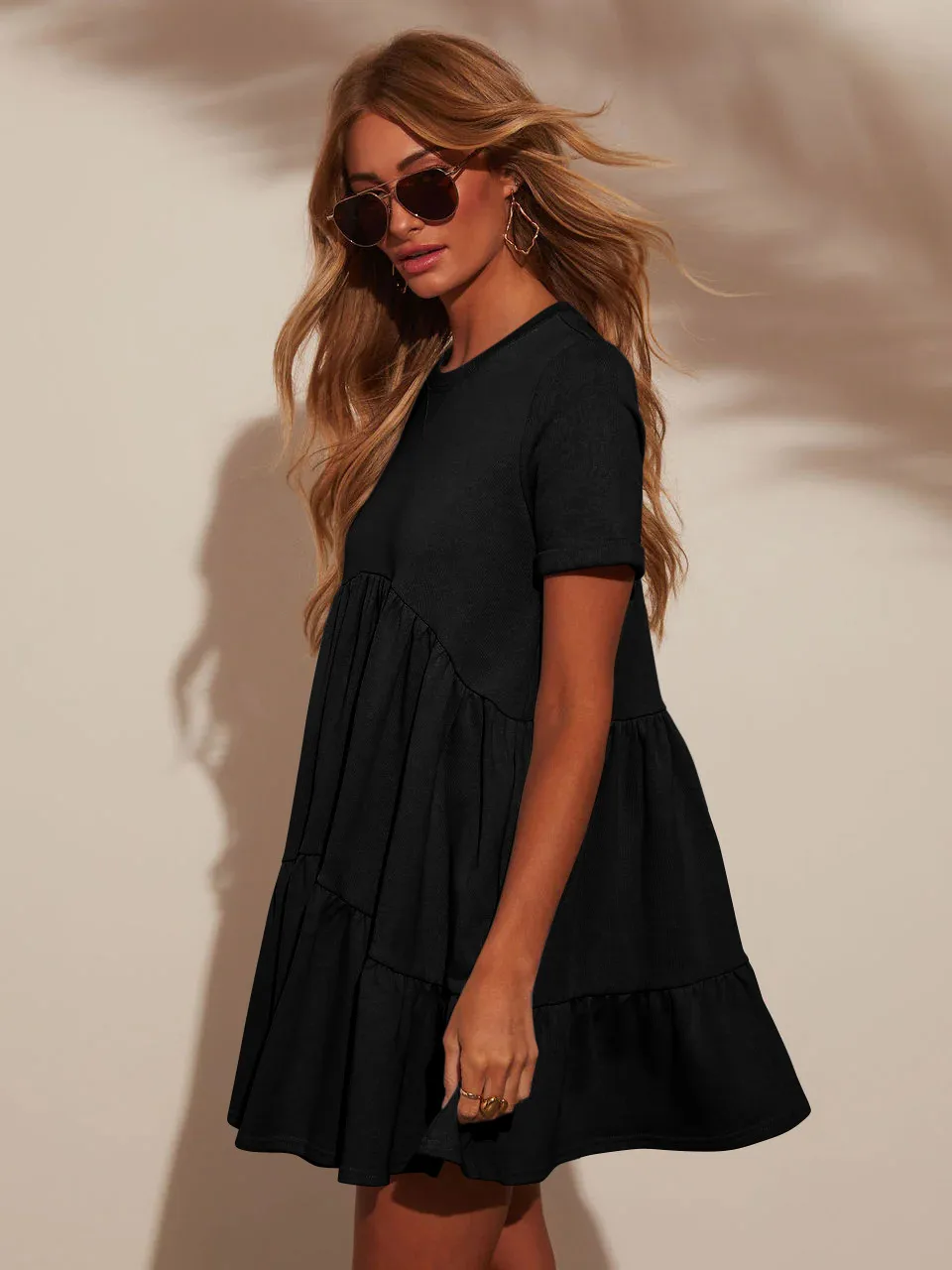 Explosions Summer Casual Pocket Short Round Neck Short Sleeve Pleated Loose Women's Dress display picture 17