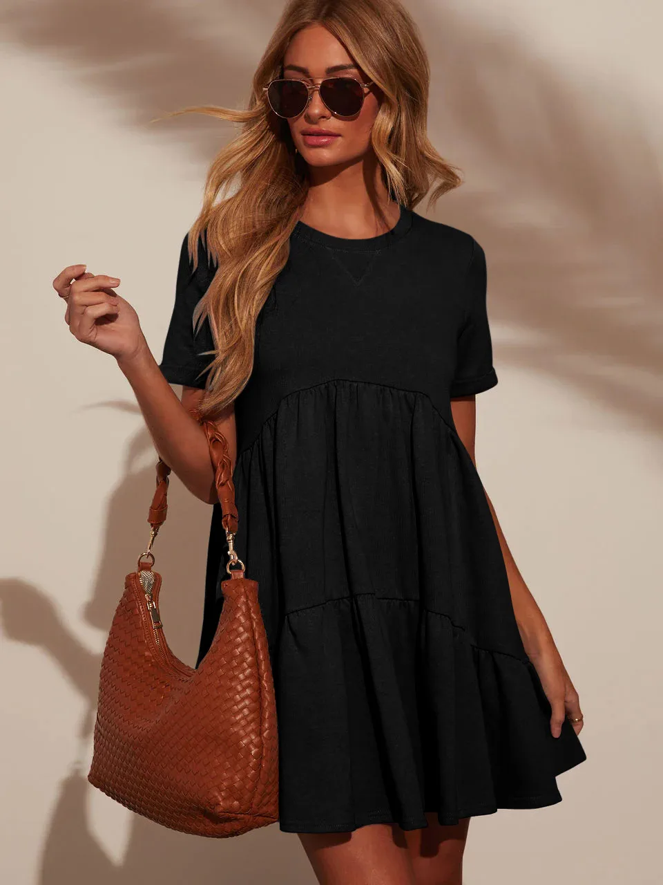 Explosions Summer Casual Pocket Short Round Neck Short Sleeve Pleated Loose Women's Dress display picture 19
