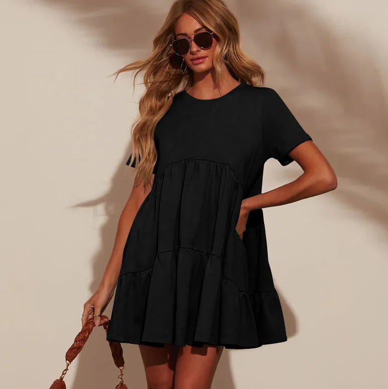 Explosions Summer Casual Pocket Short Round Neck Short Sleeve Pleated Loose Women's Dress display picture 22