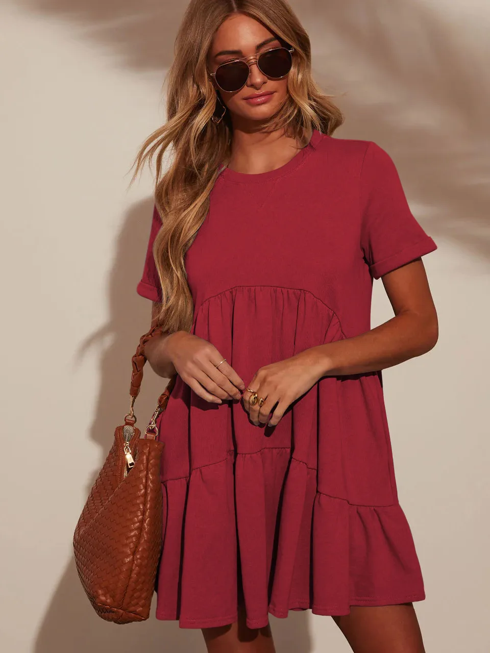 Explosions Summer Casual Pocket Short Round Neck Short Sleeve Pleated Loose Women's Dress display picture 30
