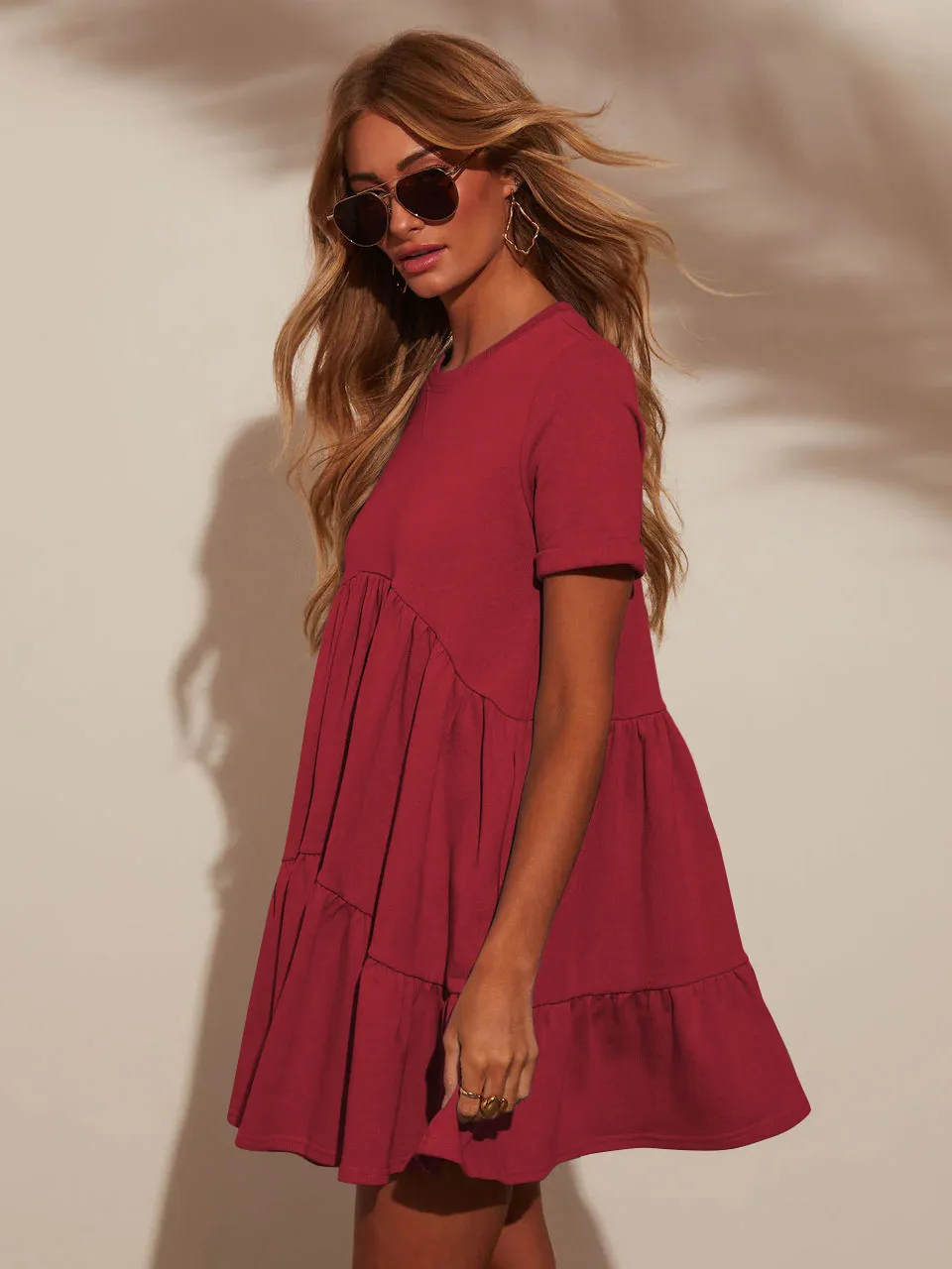 Explosions Summer Casual Pocket Short Round Neck Short Sleeve Pleated Loose Women's Dress display picture 31