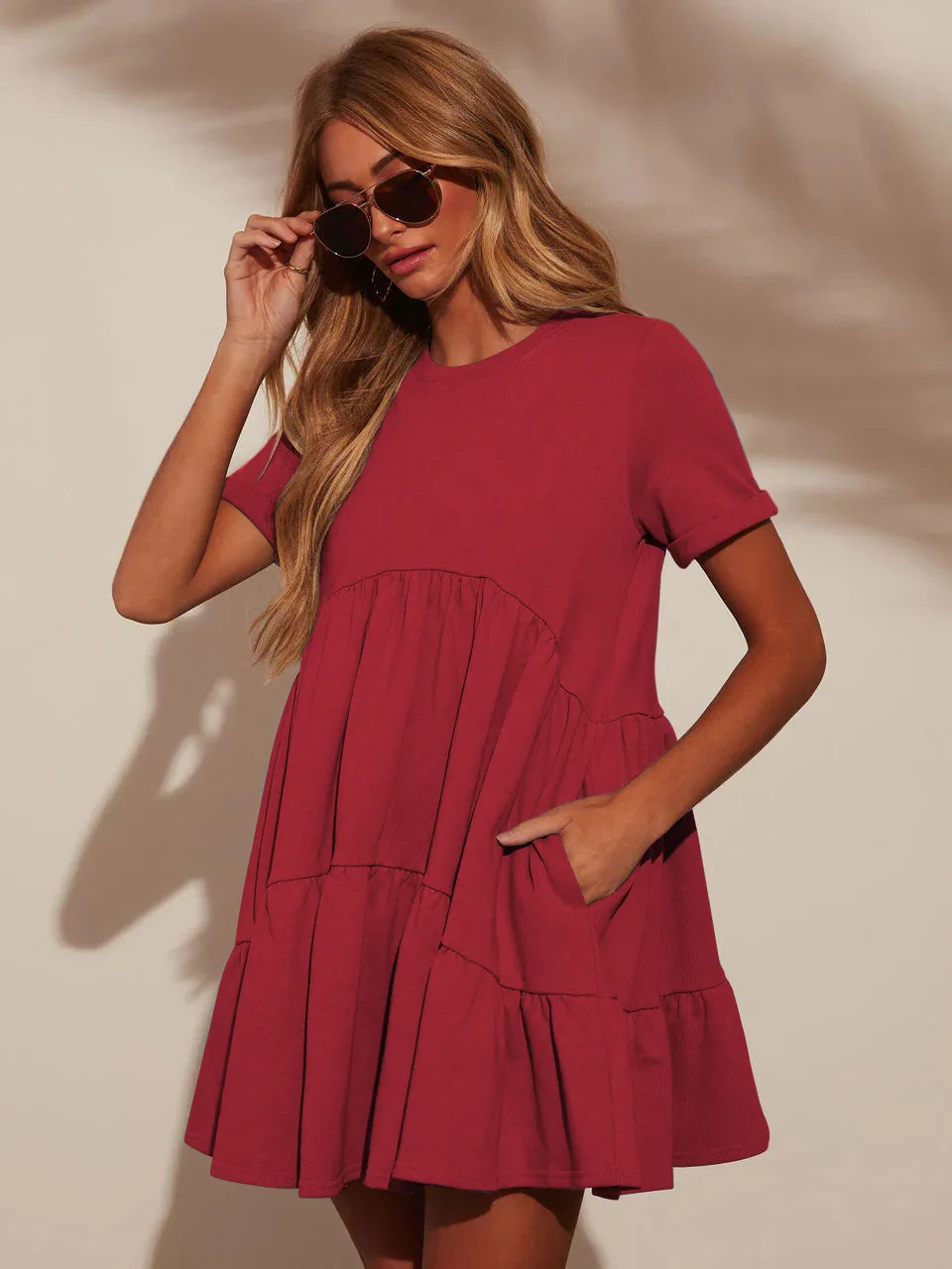 Explosions Summer Casual Pocket Short Round Neck Short Sleeve Pleated Loose Women's Dress display picture 32