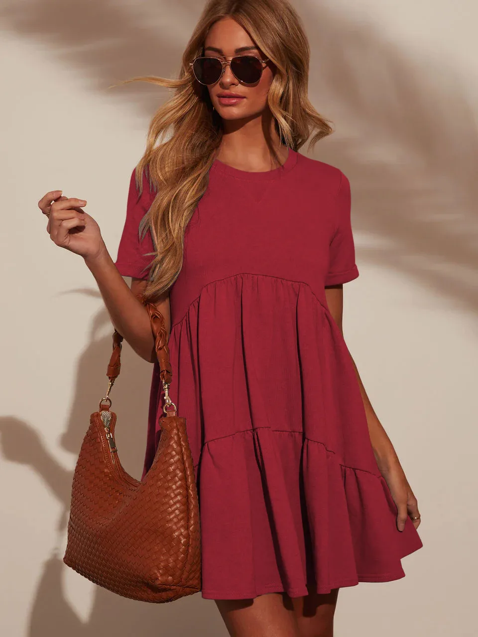 Explosions Summer Casual Pocket Short Round Neck Short Sleeve Pleated Loose Women's Dress display picture 33