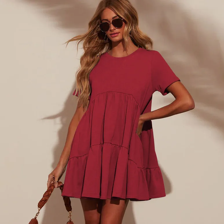 Explosions Summer Casual Pocket Short Round Neck Short Sleeve Pleated Loose Women's Dress display picture 36