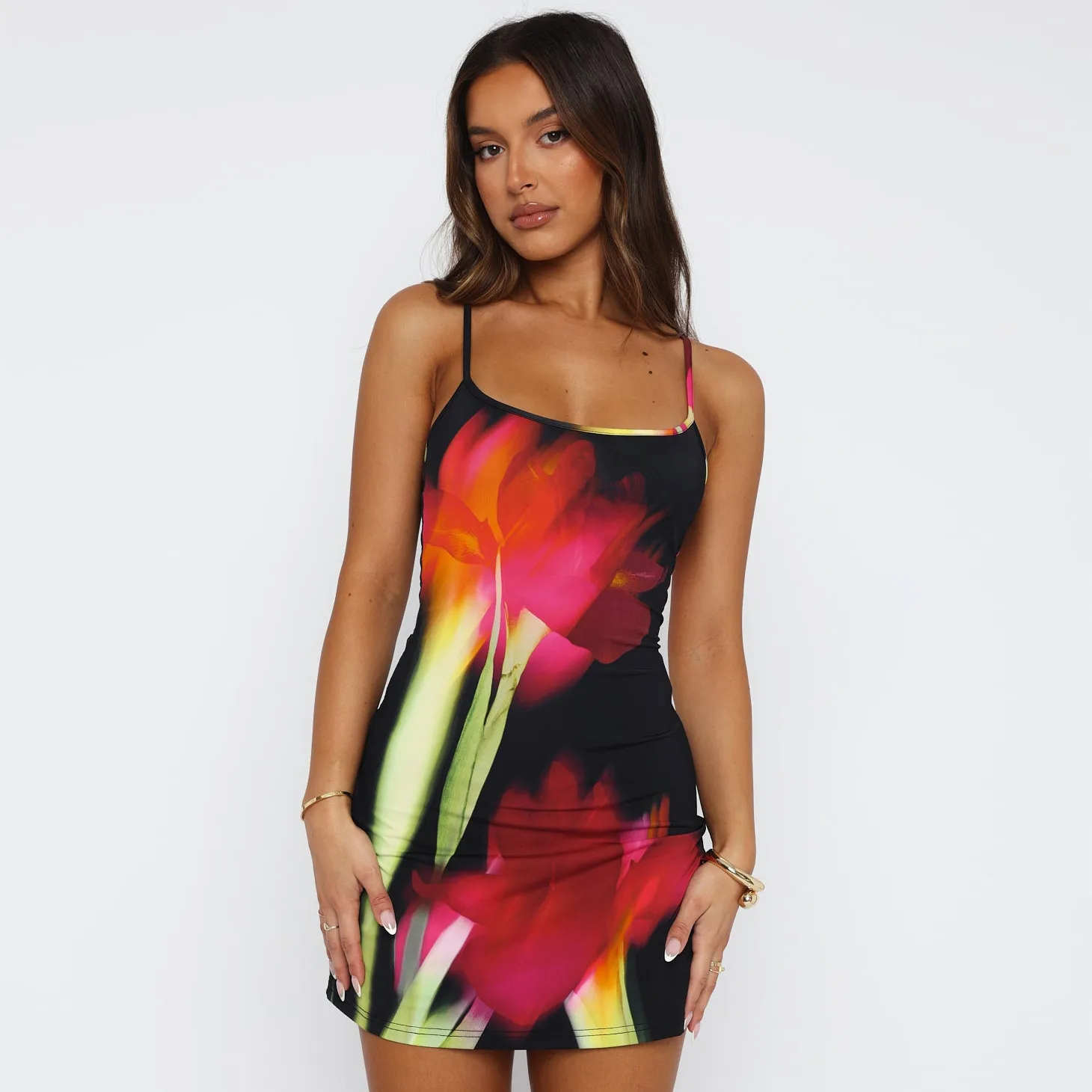 Spring And Summer New Fashion Sexy Low Neck Tight Figure Print Contrast Color Design Sling Dress Women display picture 10