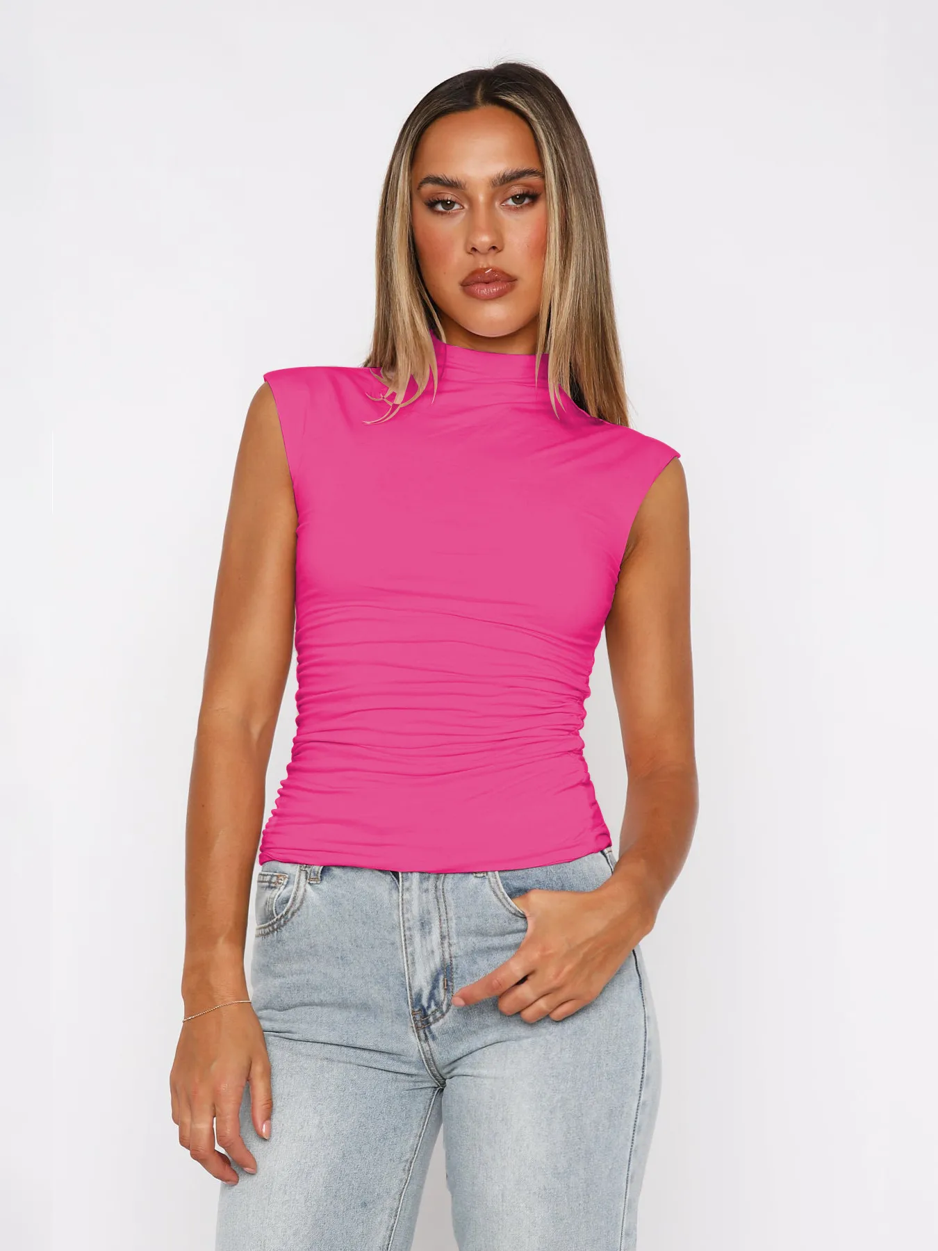 Fashion  Sexy Women's Half-turtleneck Sleeveless Elegant Small Vest Pleated All-match Base Short Top display picture 14