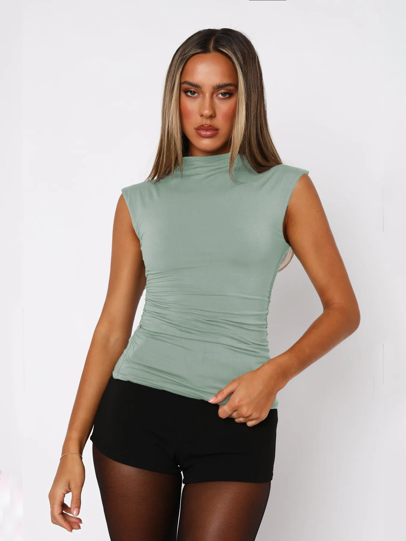 Fashion  Sexy Women's Half-turtleneck Sleeveless Elegant Small Vest Pleated All-match Base Short Top display picture 19