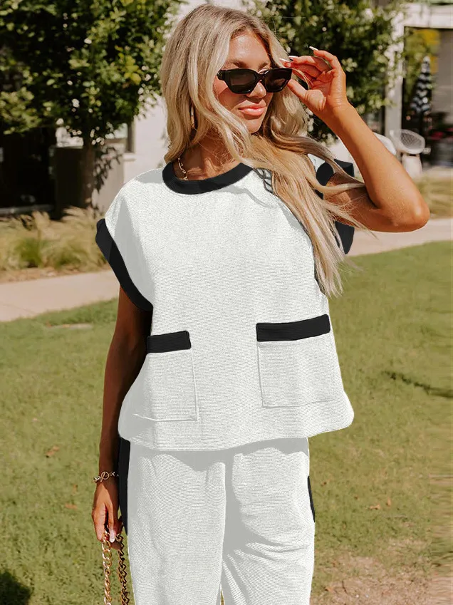 Hot Selling  Spring And Summer New Simple Stitching Color Contrast High-grade Elegant Commuter Crewneck Two-piece Suit Set display picture 2