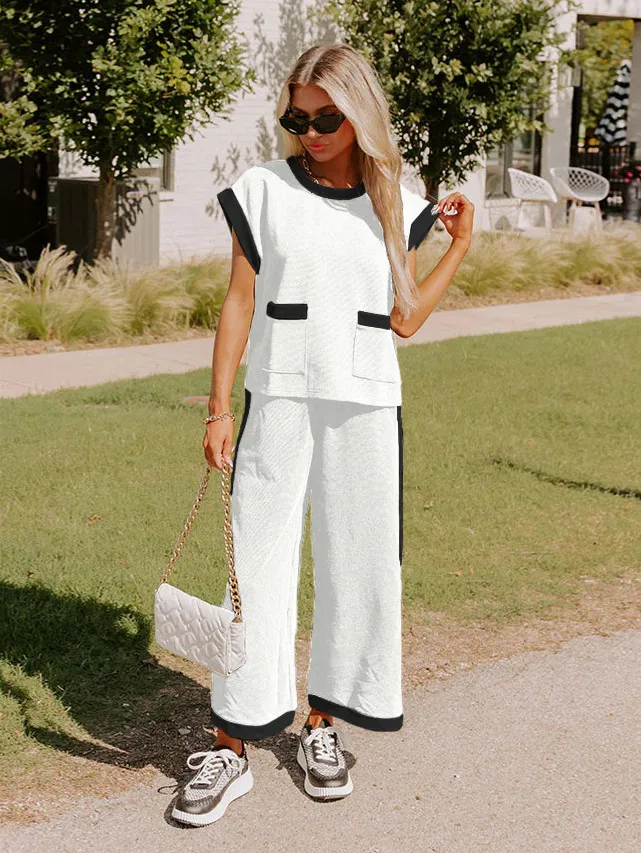Hot Selling  Spring And Summer New Simple Stitching Color Contrast High-grade Elegant Commuter Crewneck Two-piece Suit Set display picture 3
