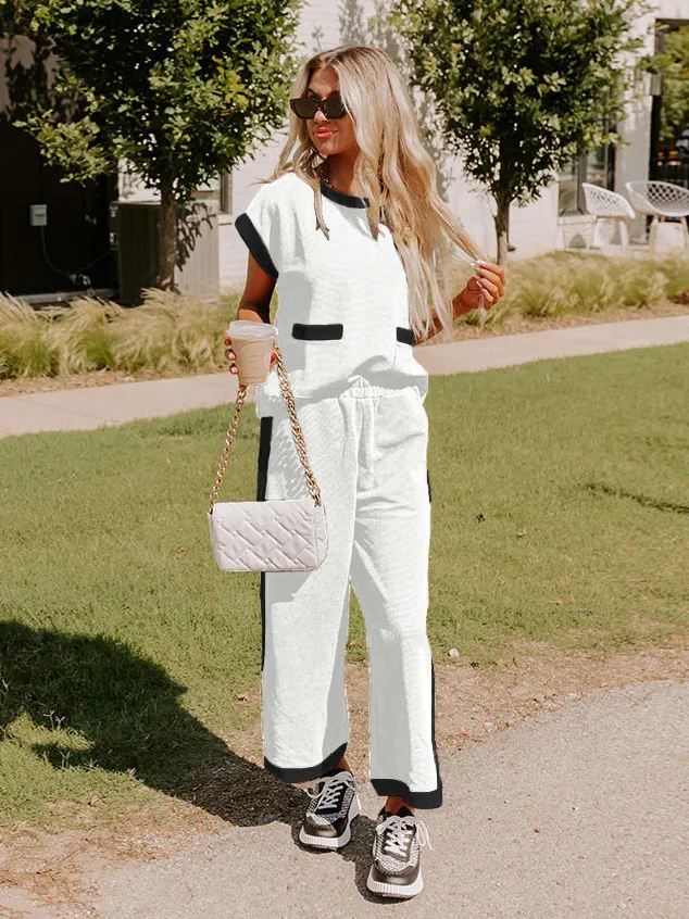 Hot Selling  Spring And Summer New Simple Stitching Color Contrast High-grade Elegant Commuter Crewneck Two-piece Suit Set display picture 6