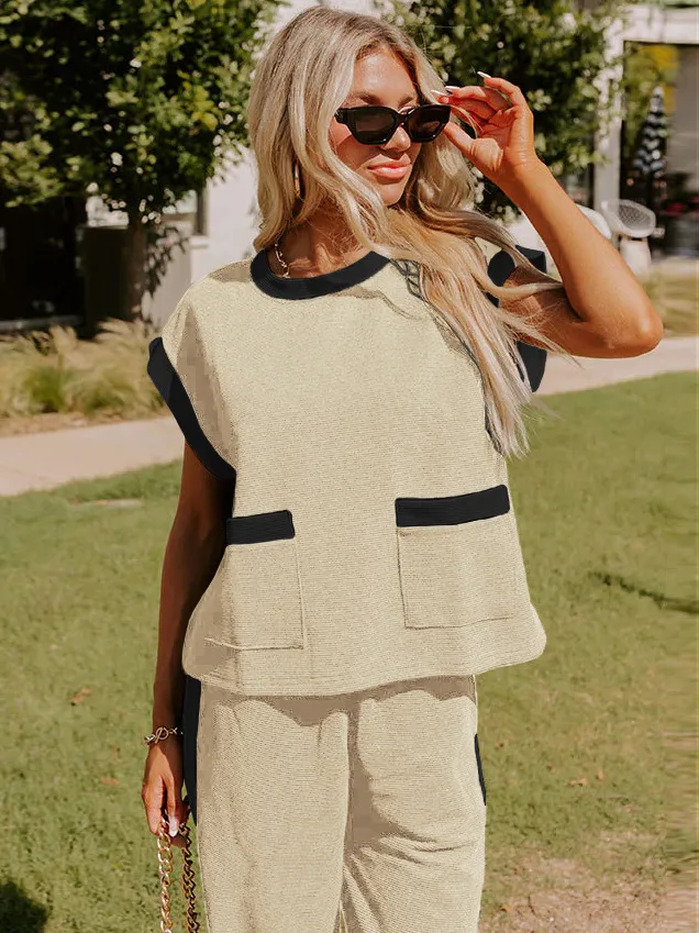 Hot Selling  Spring And Summer New Simple Stitching Color Contrast High-grade Elegant Commuter Crewneck Two-piece Suit Set display picture 20