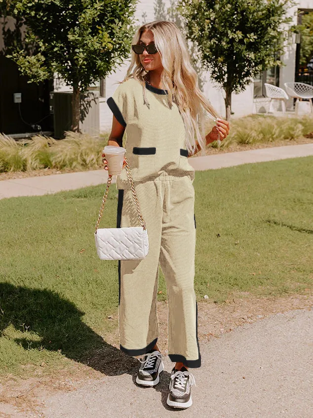 Hot Selling  Spring And Summer New Simple Stitching Color Contrast High-grade Elegant Commuter Crewneck Two-piece Suit Set display picture 24