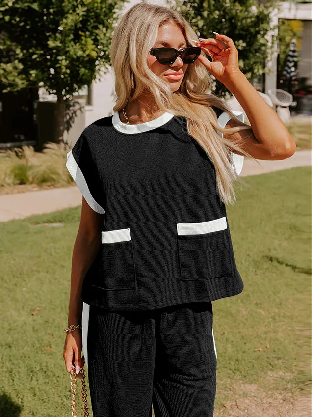 Hot Selling  Spring And Summer New Simple Stitching Color Contrast High-grade Elegant Commuter Crewneck Two-piece Suit Set display picture 32