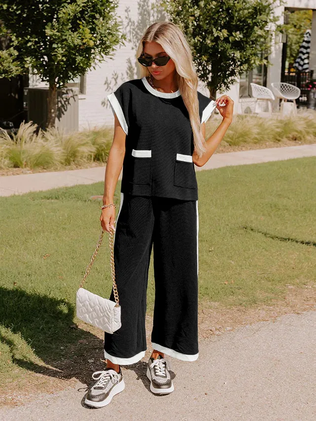 Hot Selling  Spring And Summer New Simple Stitching Color Contrast High-grade Elegant Commuter Crewneck Two-piece Suit Set display picture 33