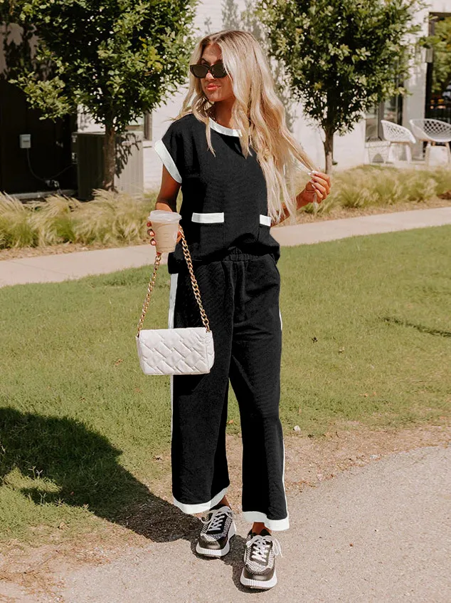 Hot Selling  Spring And Summer New Simple Stitching Color Contrast High-grade Elegant Commuter Crewneck Two-piece Suit Set display picture 36