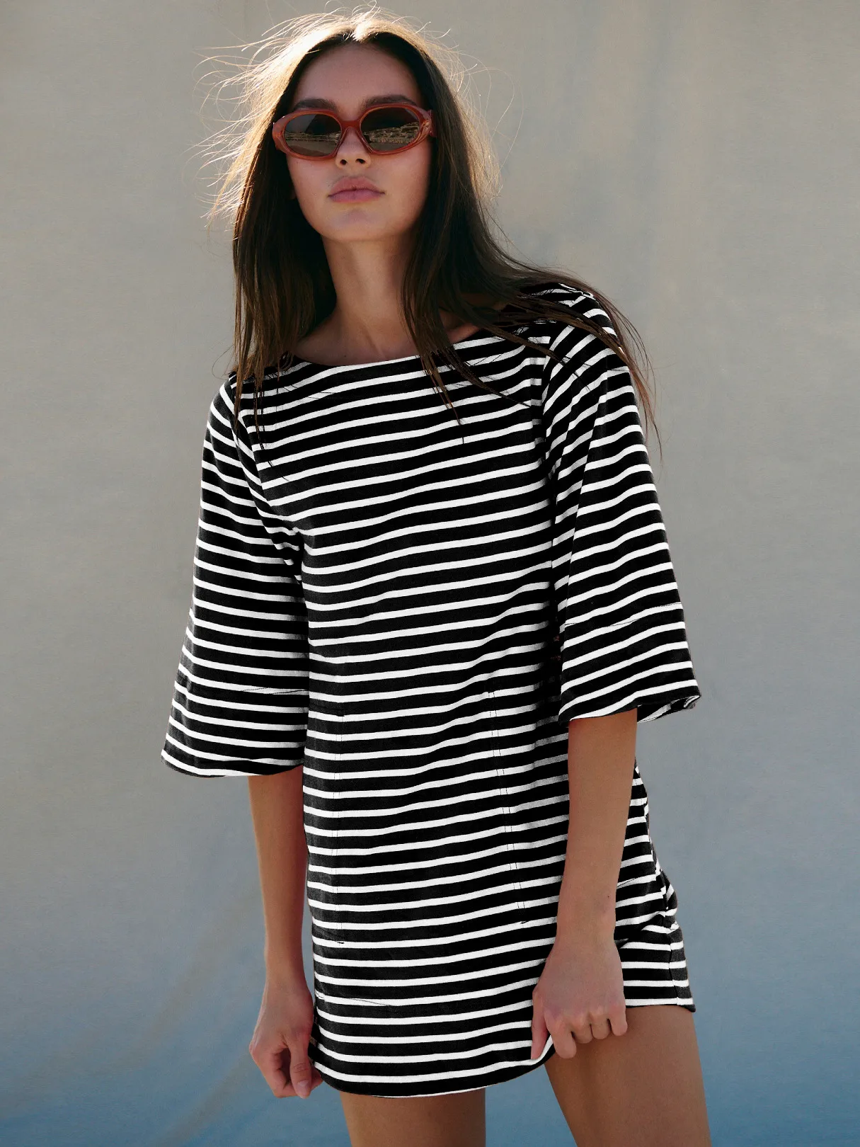 Color Stripe Half Sleeve Round Neck Pullover All-match Comfortable Casual Loose Long T Dress display picture 7