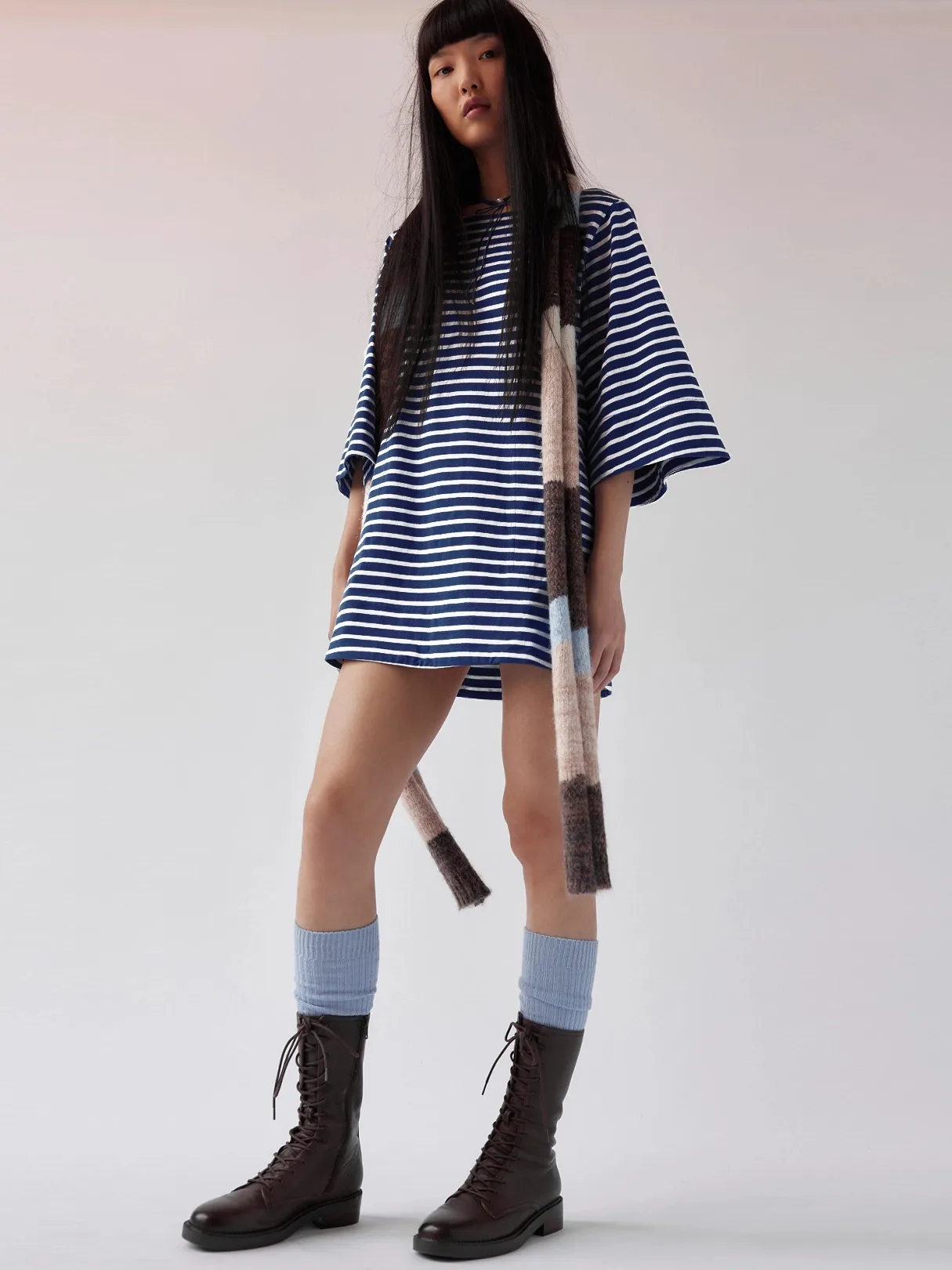 Color Stripe Half Sleeve Round Neck Pullover All-match Comfortable Casual Loose Long T Dress display picture 13