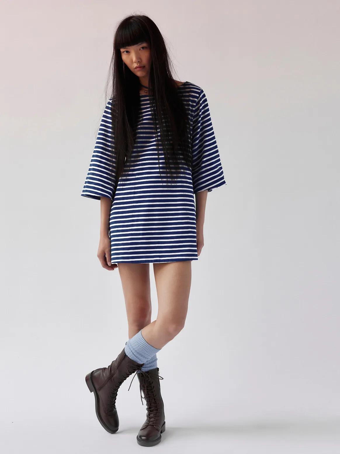 Color Stripe Half Sleeve Round Neck Pullover All-match Comfortable Casual Loose Long T Dress display picture 14